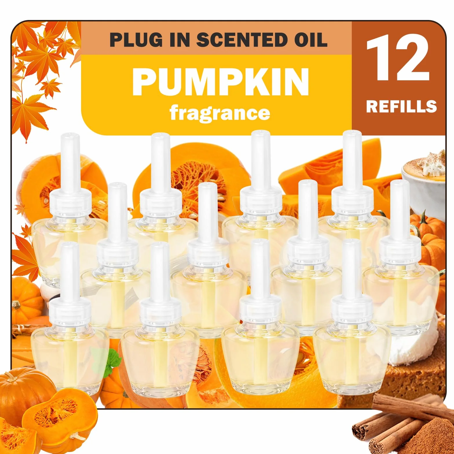 SCENTORINI Wkład do butelki olejku zapachowego, 12 x 19 ml, zapach do pokoju, odświeżacz powietrza kompatybilny z Air Wick & Glade korek zapachowy, 6 jesiennych zapachów, dyni cynamonowej, wanilii