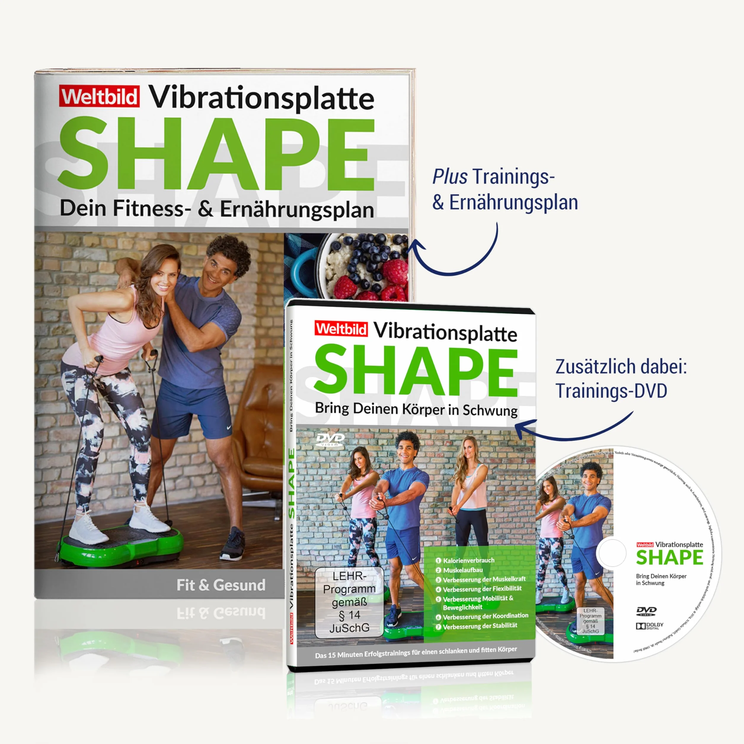 Orbisana Shape płyta wibracyjna 150 kg taśmy ekspanderowe DVD plan żywieniowy pilot
