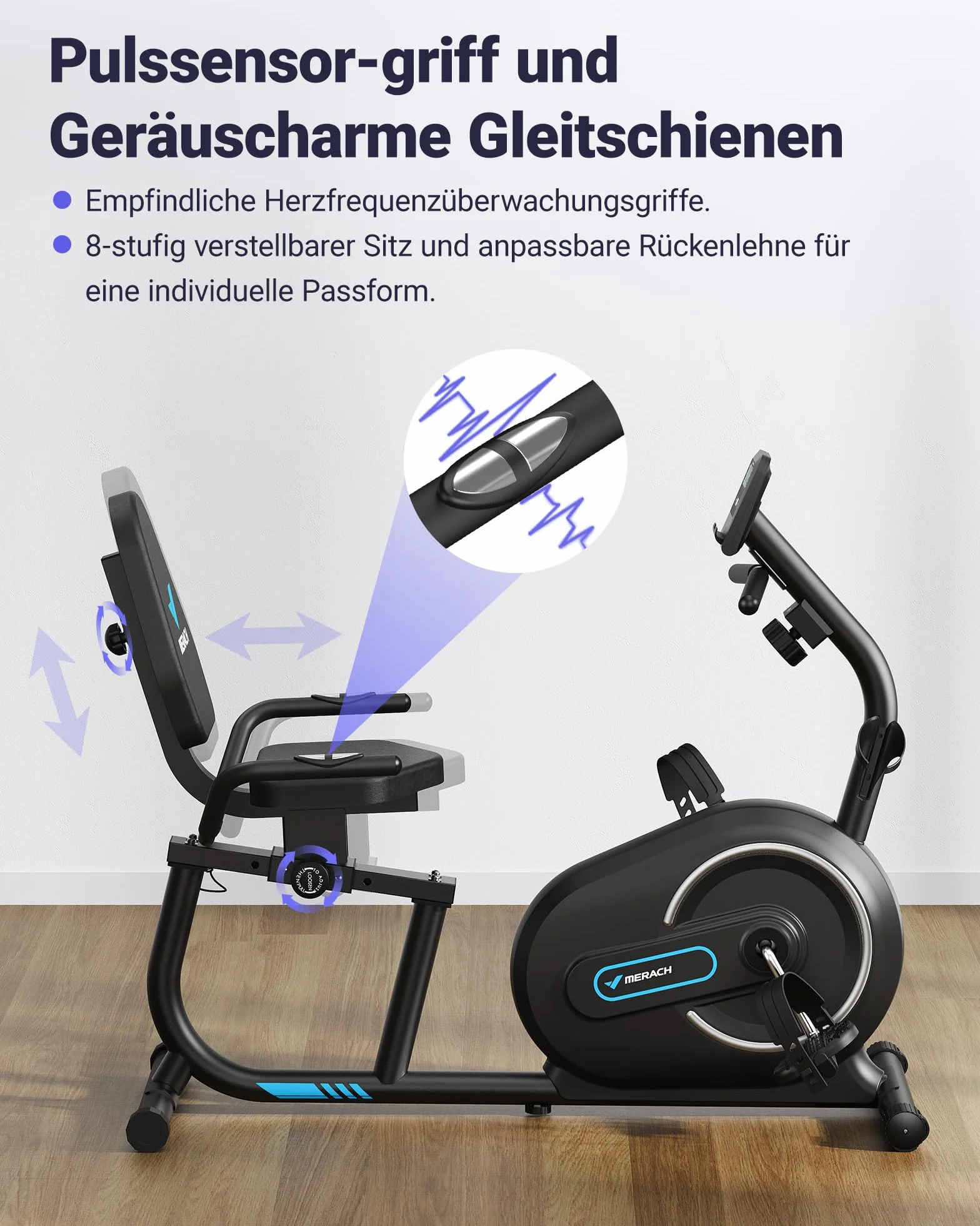 MERACH Domowy ergometr do leżenia z funkcją Smart Bluetooth i ekskluzywną łącznością z aplikacją, LCD, uchwytem pomiaru tętna, magnetyczne urządzenia do leżenia S08