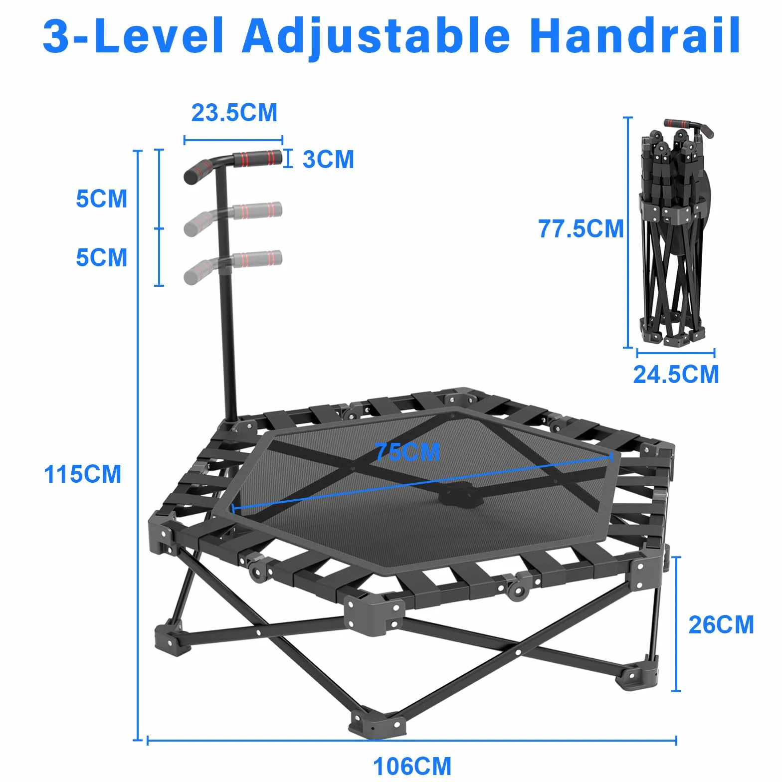 Trampolina fitness, składana mini trampolina, do użytku wewnątrz pomieszczeń, 106 cm, z 3-stopniową regulacją wysokości, bardzo stabilna rama X, nośność 275 kg