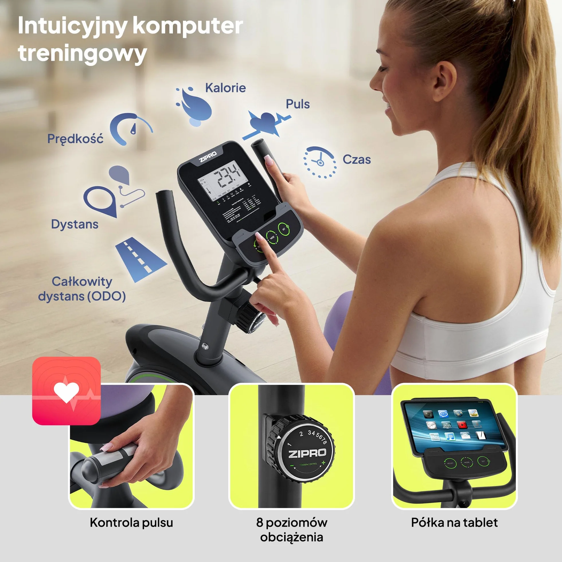 Zipro Easy rower treningowy Easy Ergometr, magnetyczny trenażer rowerowy, ergometr do 150 kg, rower do użytku wewnątrz i na baterie, rower treningowy