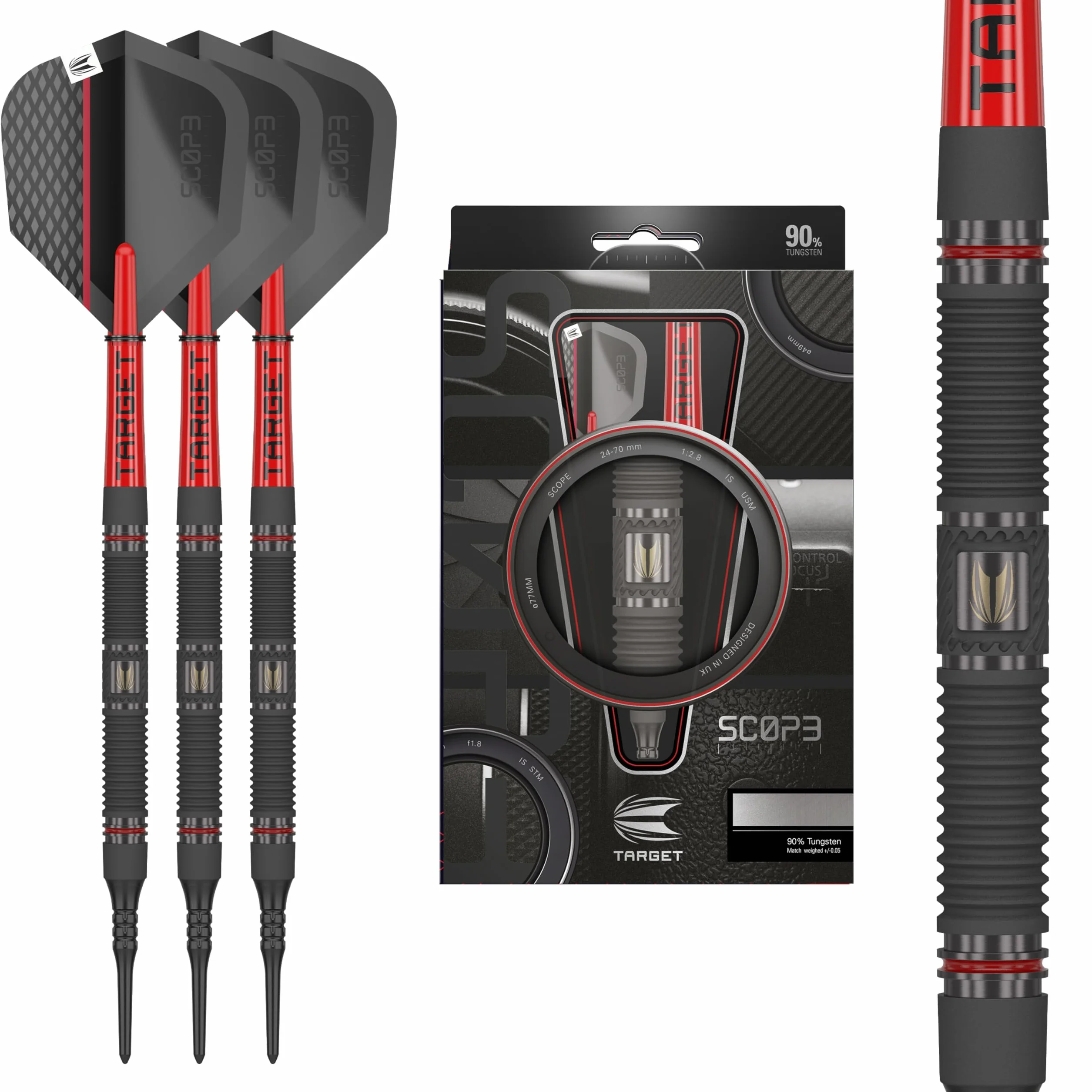 Target Darts Scope Soft Tip Darts, zestaw rzutek z 90% wolframu, czerwono-czarne, pikselowe końcówki, 10-21G
