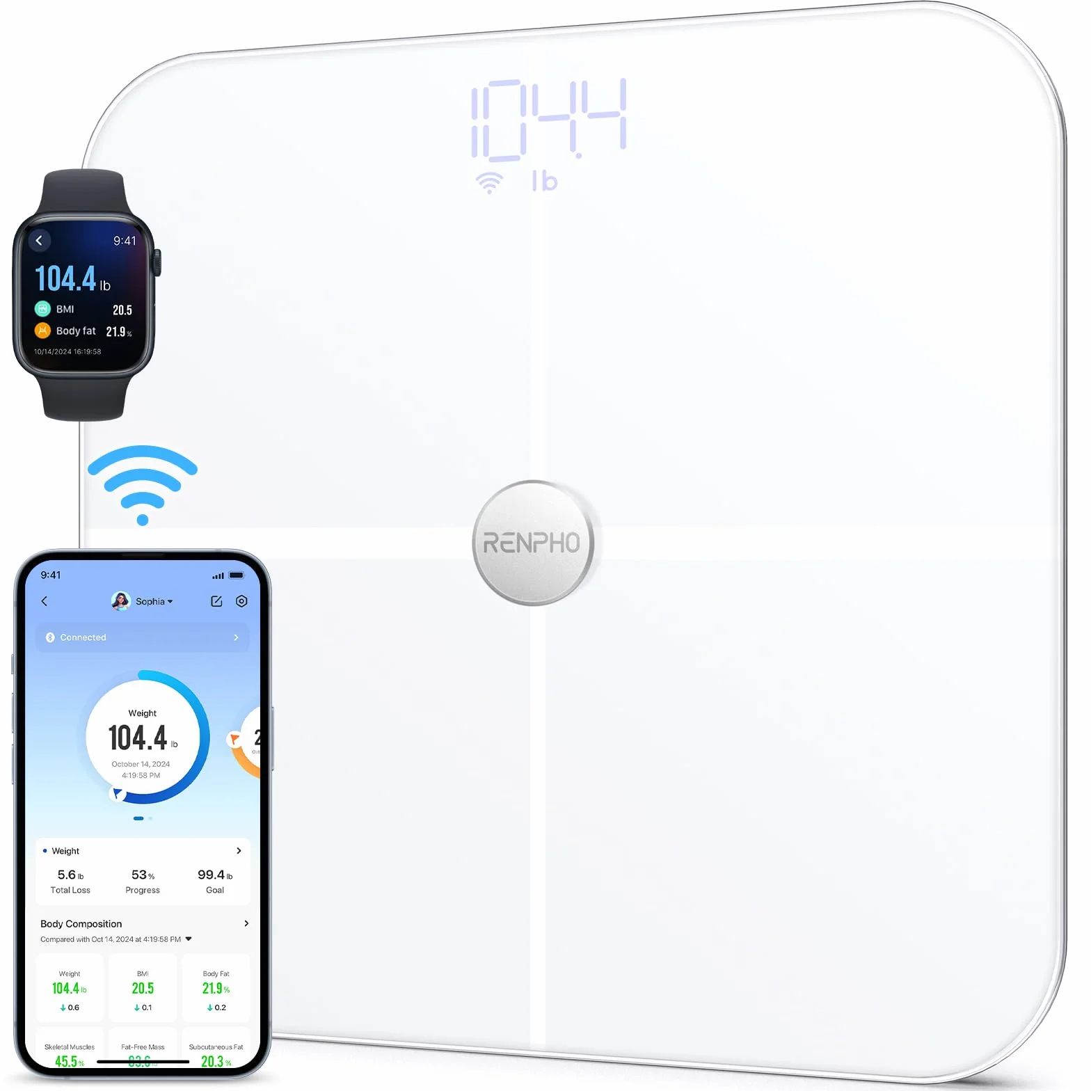 RENPHO Wi-Fi Wagi tkanki tłuszczowej Skala składu ciała Bluetooth Inteligentna cyfrowa waga łazienkowa Waga Wagi BMI Fitness Monitor składu ciała z aplikacją na smartfona, ITO White
