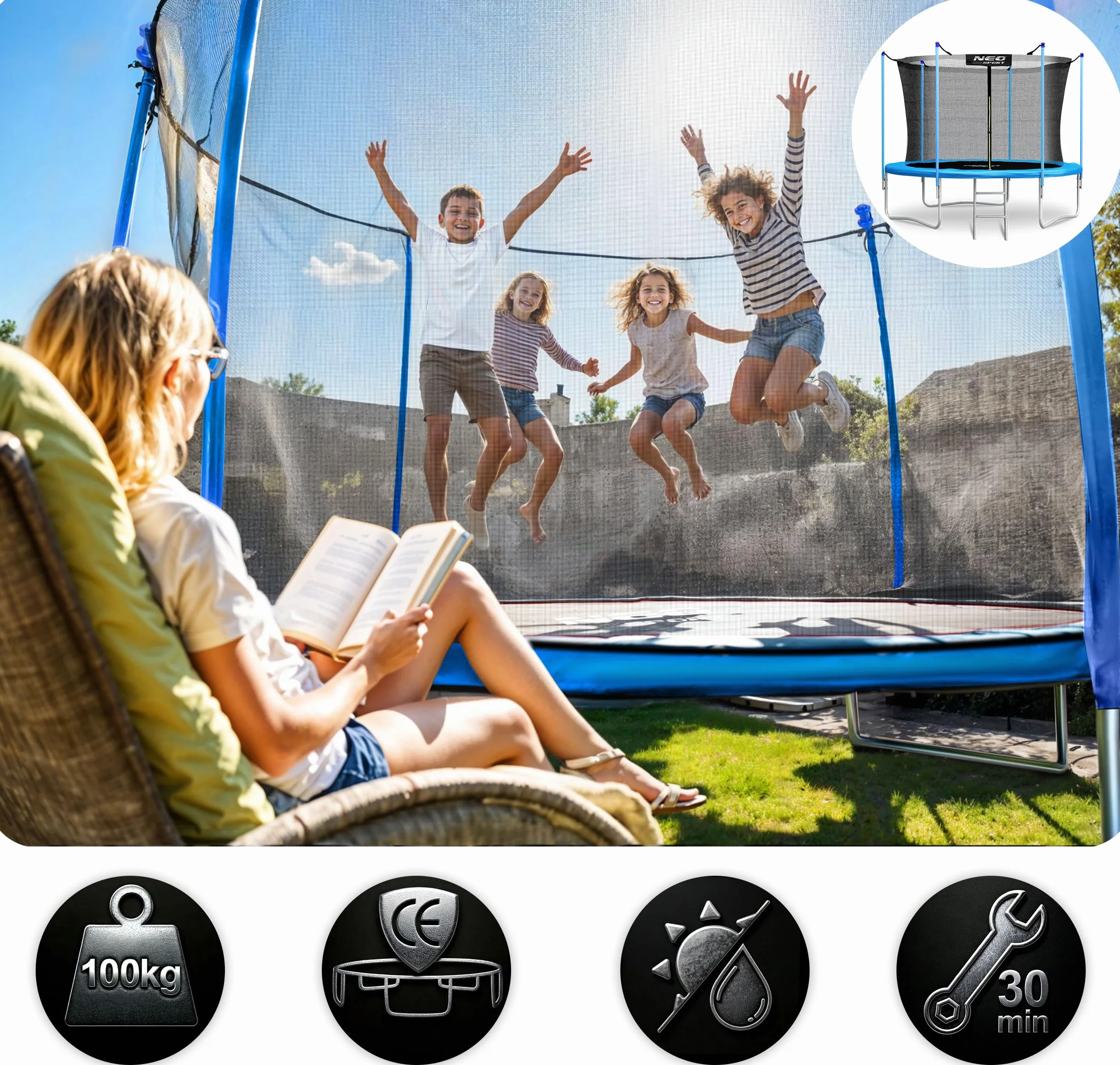 Neo-Sport Trampolina Ogrodowa Trampolina Dla Dzieci Z Siatką Wewnętrzną i Drabinką 252 cm 8 ft Niebieski Czarny