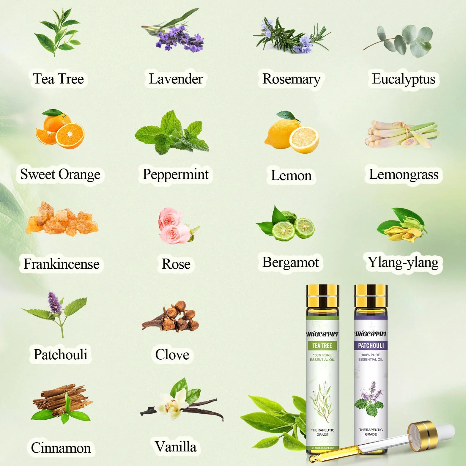 MIGCAPUT Zestaw Olejków Eterycznych 16 x 10ML, 100% Naturalne Olejki Zapachowe do Dyfuzory, Aromaterapii, Masaż, SPA, Kąpieli - Lawenda, Mięta, Drzewo Herbaciane, Eukaliptus, Kadzidłowca, Cynamon