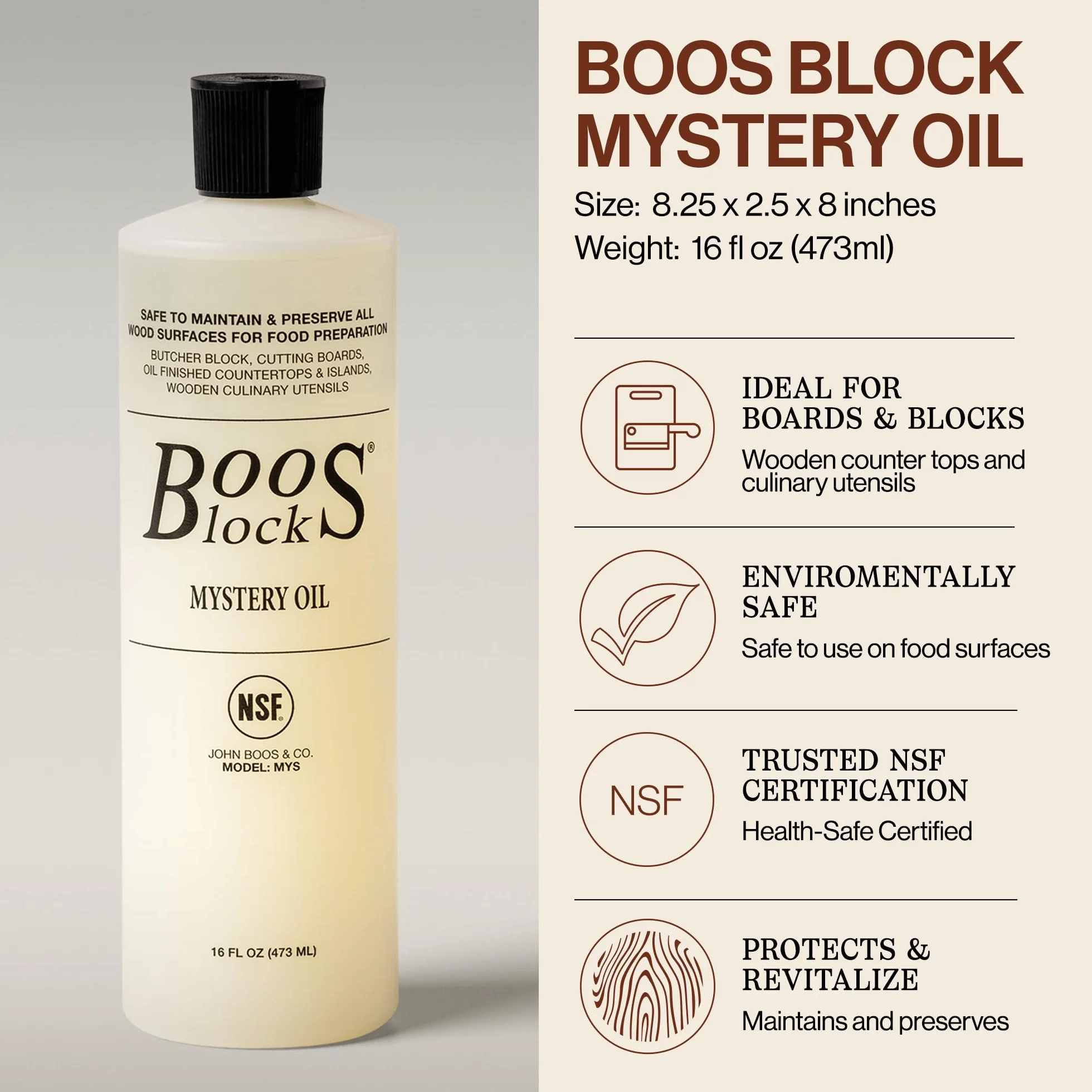Boos Block s® MYSCRM Mystery Oil olejek pielęgnacyjny i krem do pielęgnacji Board Cream firmy John Boos, butelka 473 ml Mystery Oil (olej do drewna) i 148 ml krem do drewna z woskiem pszczelimm)