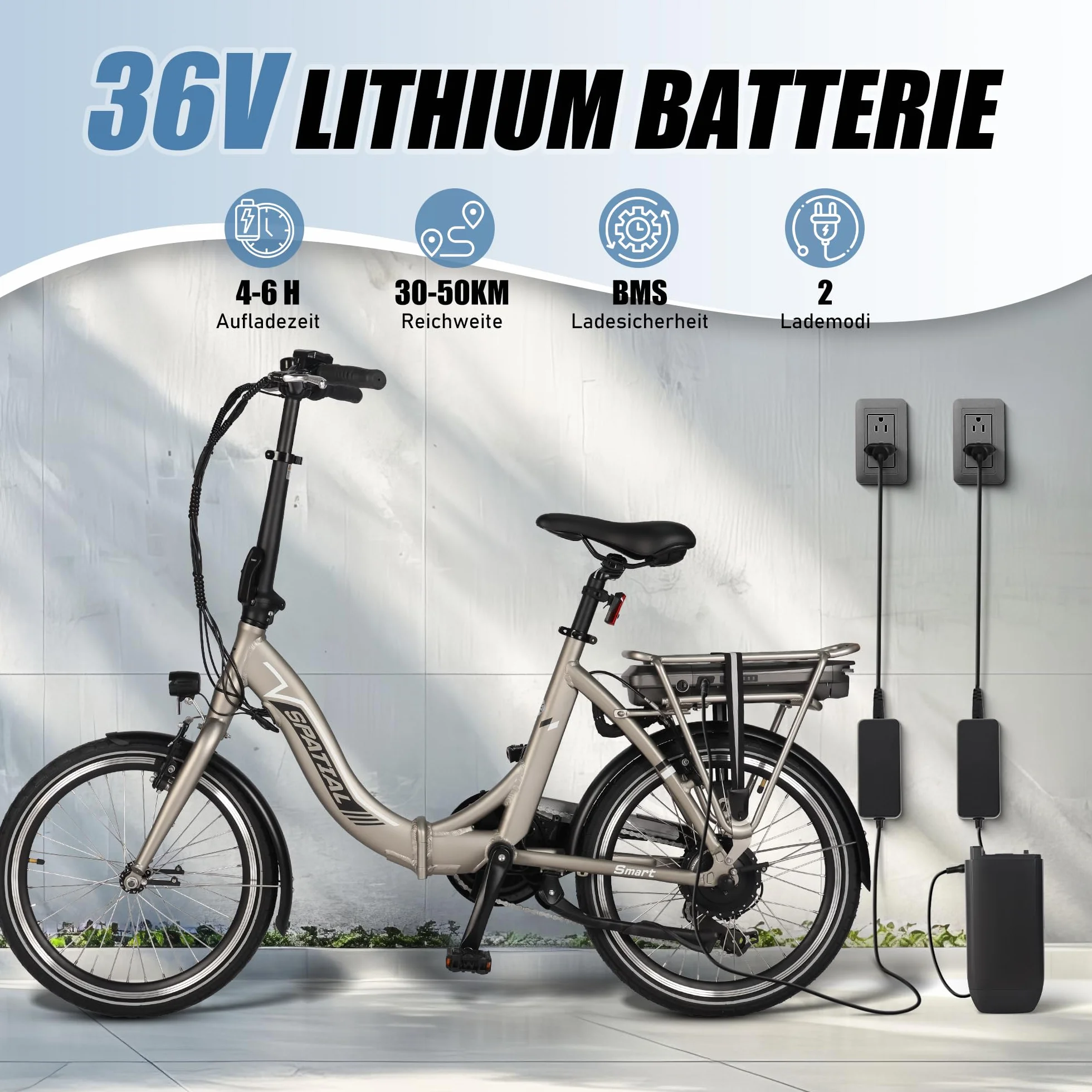 SPATIAL E Bike składany rower elektryczny 20 cali 40 NM 250 W 36 V 374,4 Wh 7-biegowa przerzutka LCD