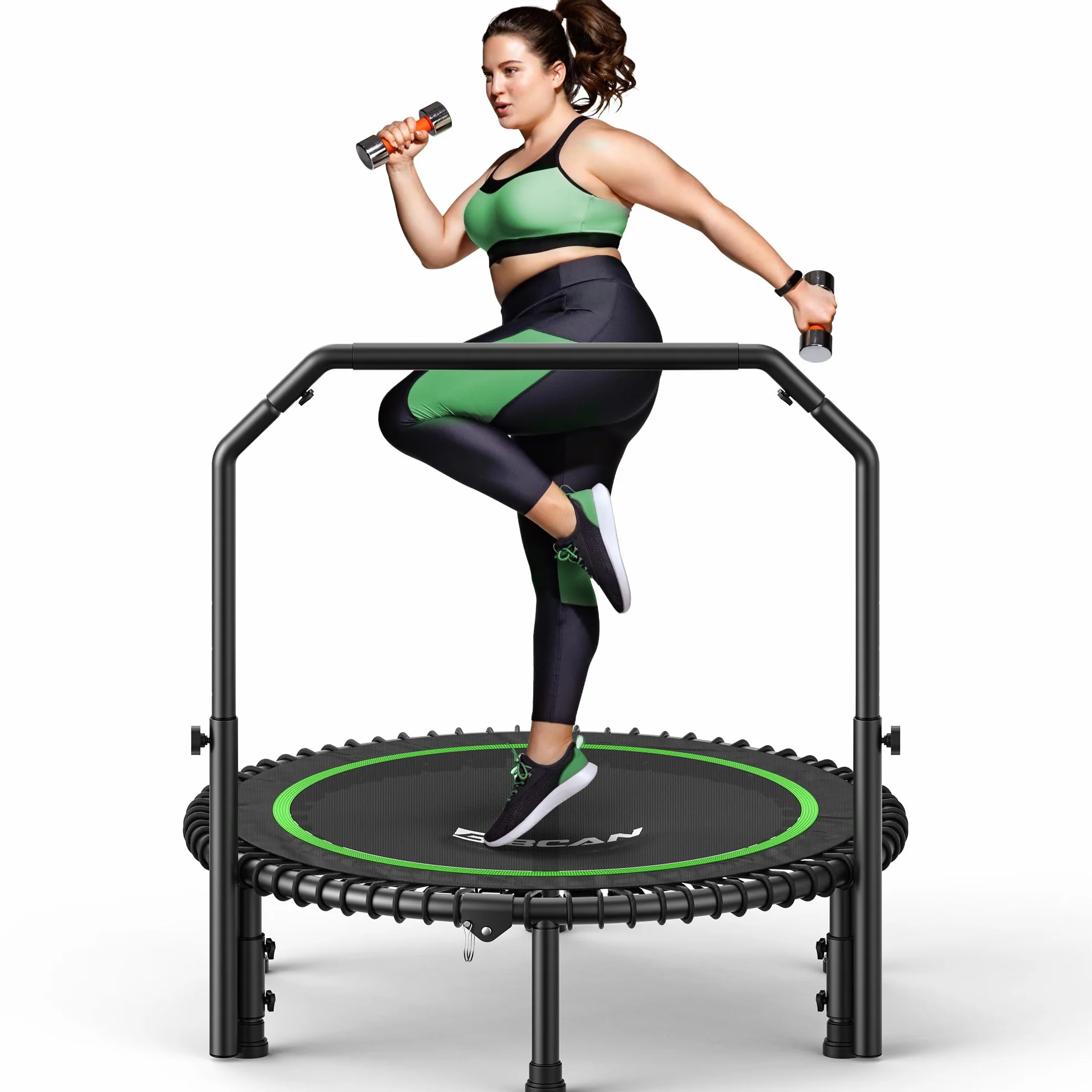 Trampolina BCAN 102/122 cm dla dorosłych, udźwig 204/250 kg, linki bungee, regulowany uchwyt, stabilna, cicha, do użytku wewnątrz/na zewnątrz, trening całego ciała, relaks w domu