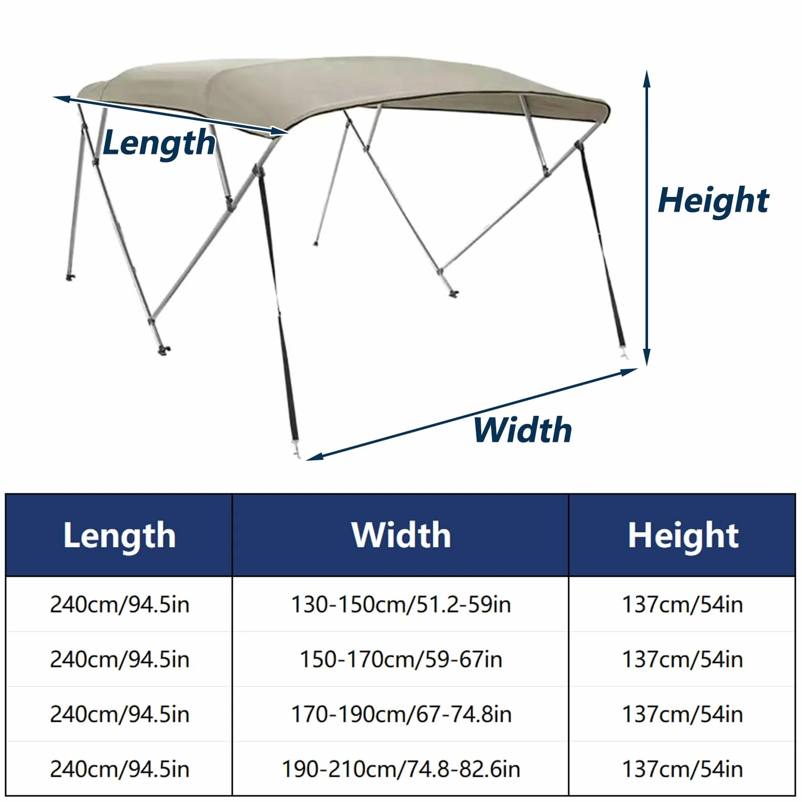 Bimini Top na łódź, baldachim przeciwsłoneczny, ochrona przed promieniowaniem UV i deszczem, tkanina Oxford 600D, odpowiednia do szerokiej gamy naczyń (150-170 cm)