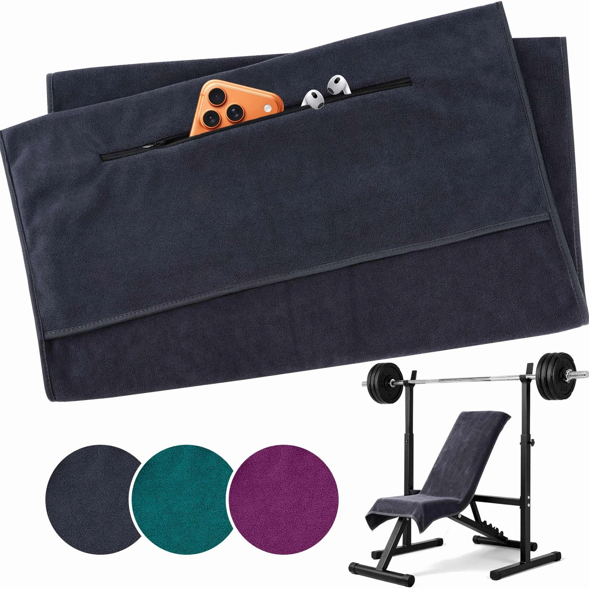 Ręcznik do fitnessu 120x50cm, sportowy ręcznik z kieszenią na zamek błyskawiczny, ręcznik z mikrofibry z wysokiej jakości mikrofibry, super absorpcja potu, ręczniki do siłowni na siłownię, trening