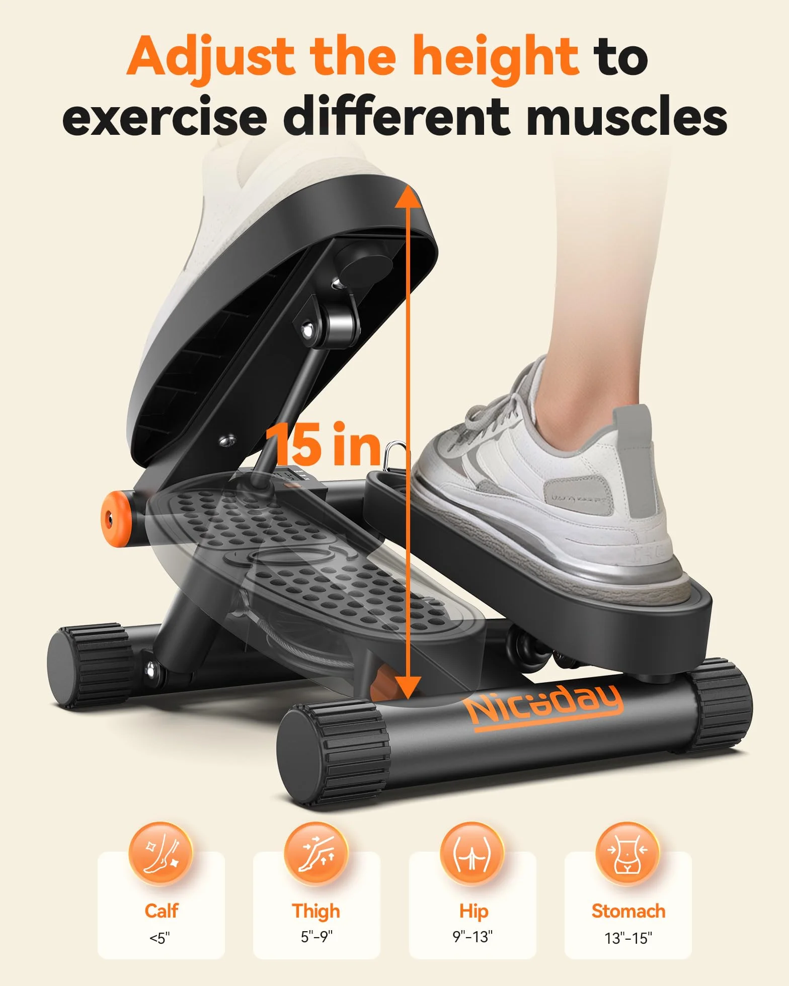 Niceday Steppery do ćwiczeń, stepper schodowy z taśmami oporowymi, mini stepper o udźwigu 136 kg, hydrauliczny stepper fitness z monitorem LCD