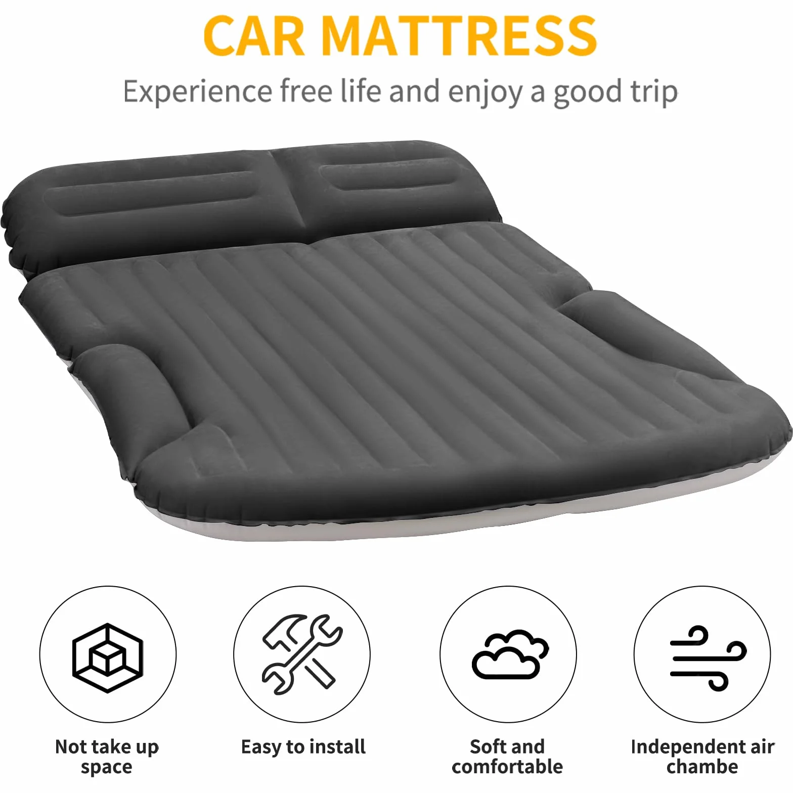 KMZ Materac dmuchany, pogrubiony i dwustronny, flokowany, do SUV, materac kempingowy z 2 nadmuchiwanymi poduszkami, kolor ciemnoszary
