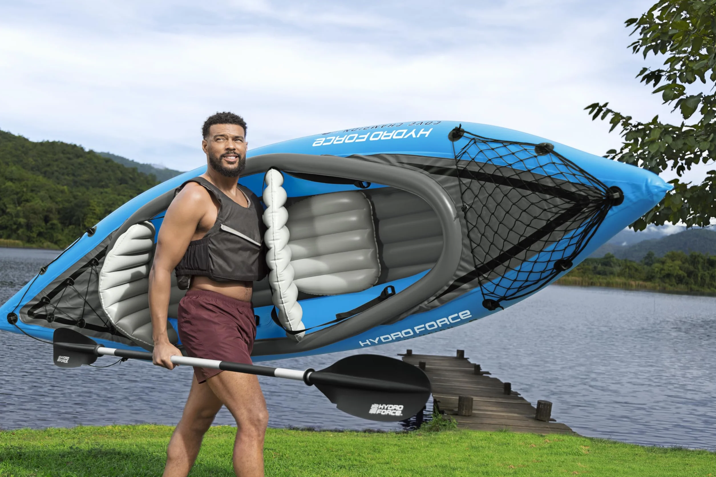 Bestway Hydro-Force Cove Champion X2 Kajak, zestaw nadmuchiwanych łodzi z pompką ręczną, wiosłami, siedzeniami, płetwami i torbą do przechowywania, dwuosobowy
