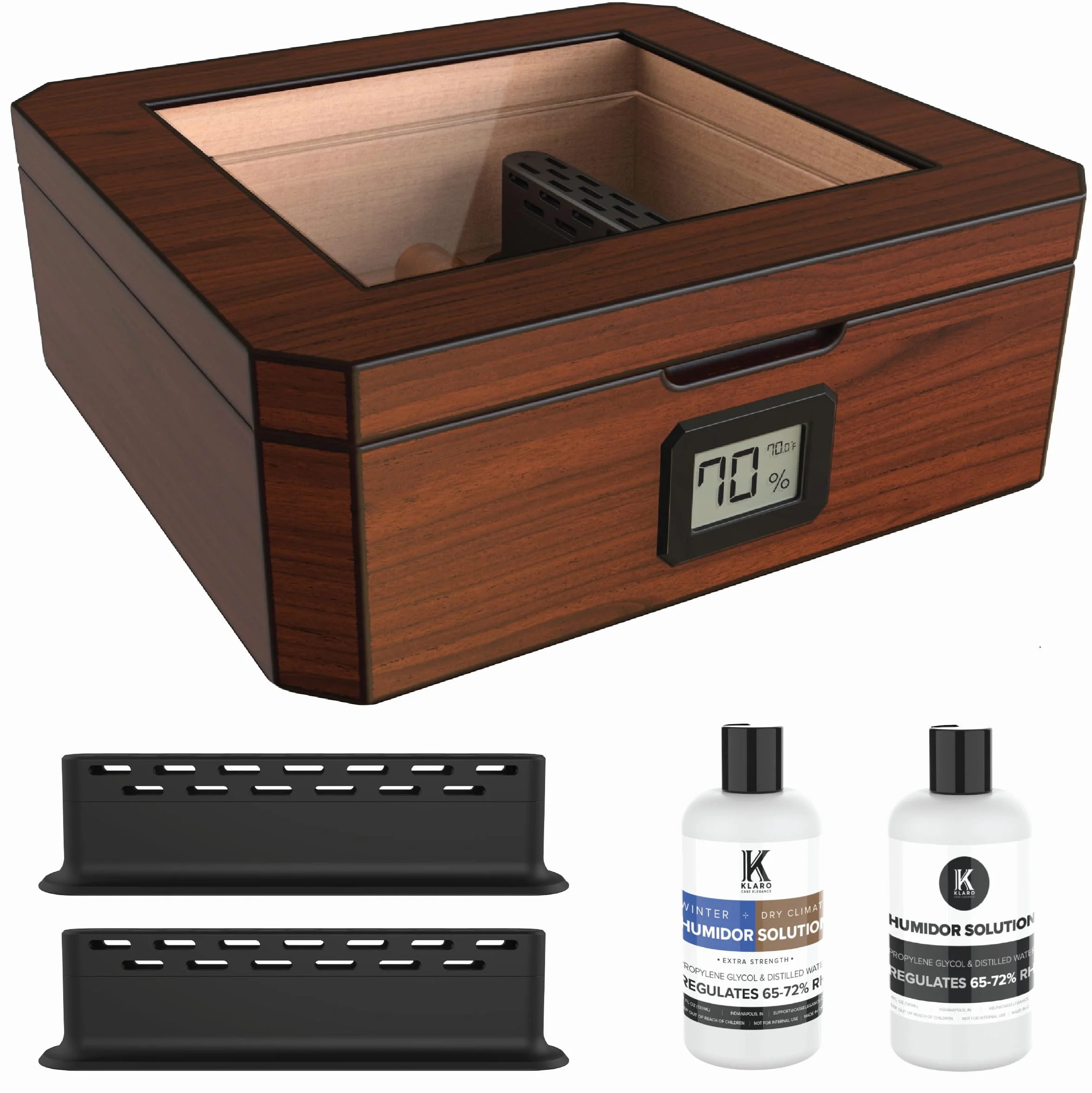 CASE ELEGANCE MAG humidor biurkowy, wykończenie orzecha włoskiego, mieści 20-30 cygar, szklany blat z zamknięciem magnetycznym, ośmiokątny kształt, cyfrowy higrometr, hiszpański brąz cedrowy
