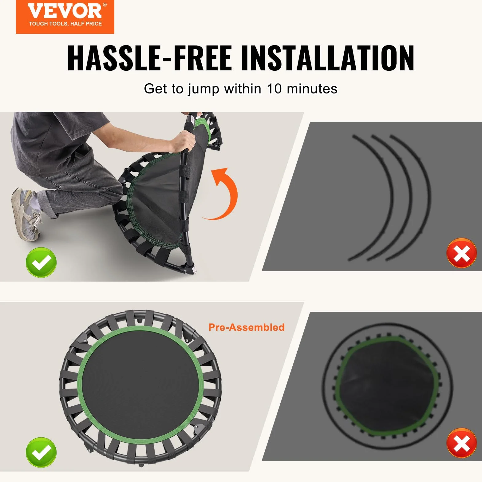 VEVOR Mini składana trampolina fitness 934 mm trampolina do ćwiczeń maksymalne obciążenie 100 kg mała stabilna i cicha trampolina do ćwiczeń do treningu w pomieszczeniach lub w ogrodzie