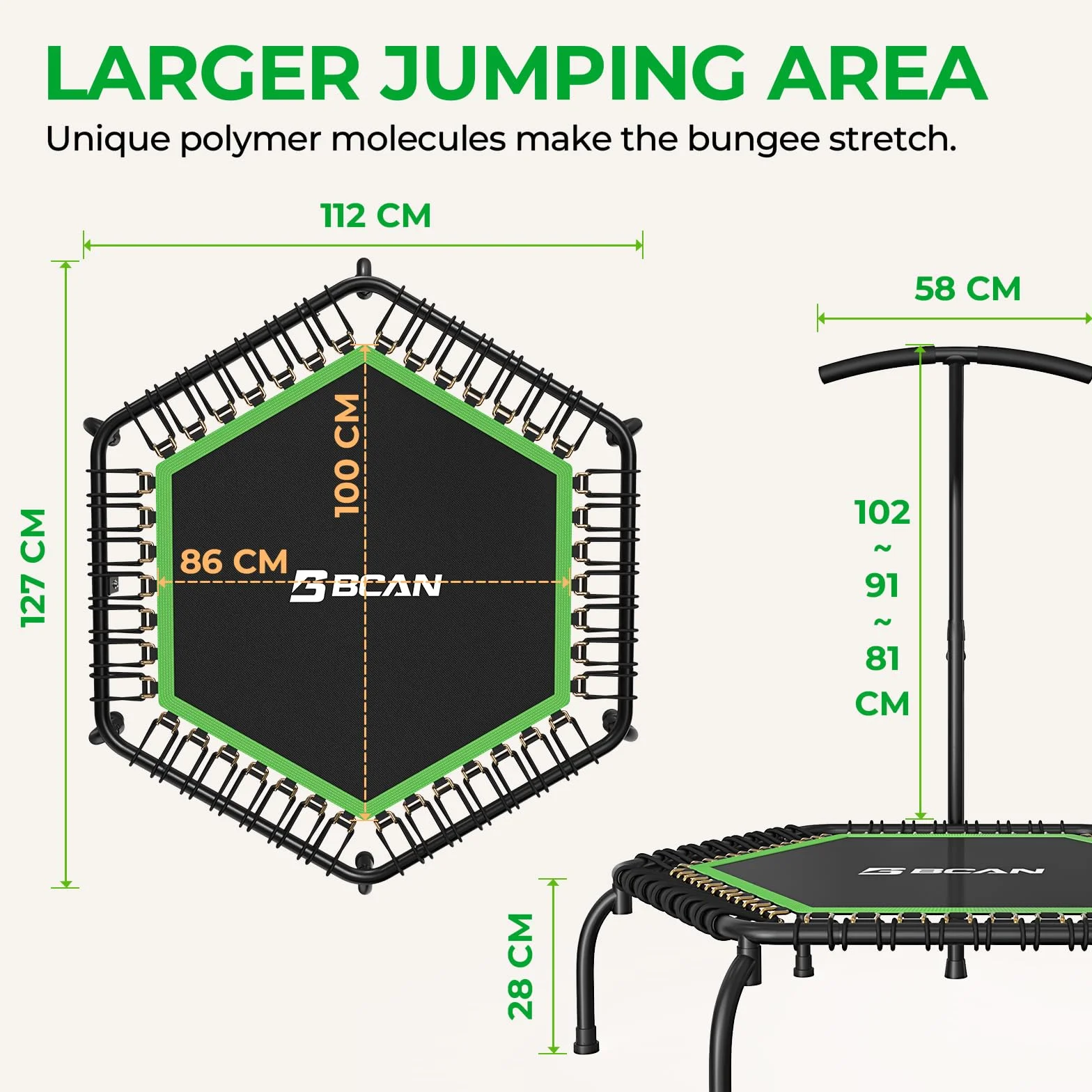 Trampolina wewnętrzna BCAN Fitness, średnica 102/122 cm, mini trampolina bungee/sprężynowa, odpowiednia dla osób dorosłych o wadze do 204/250 kg, z regulowanymi uchwytami, cicha i niskowibracyjna.
