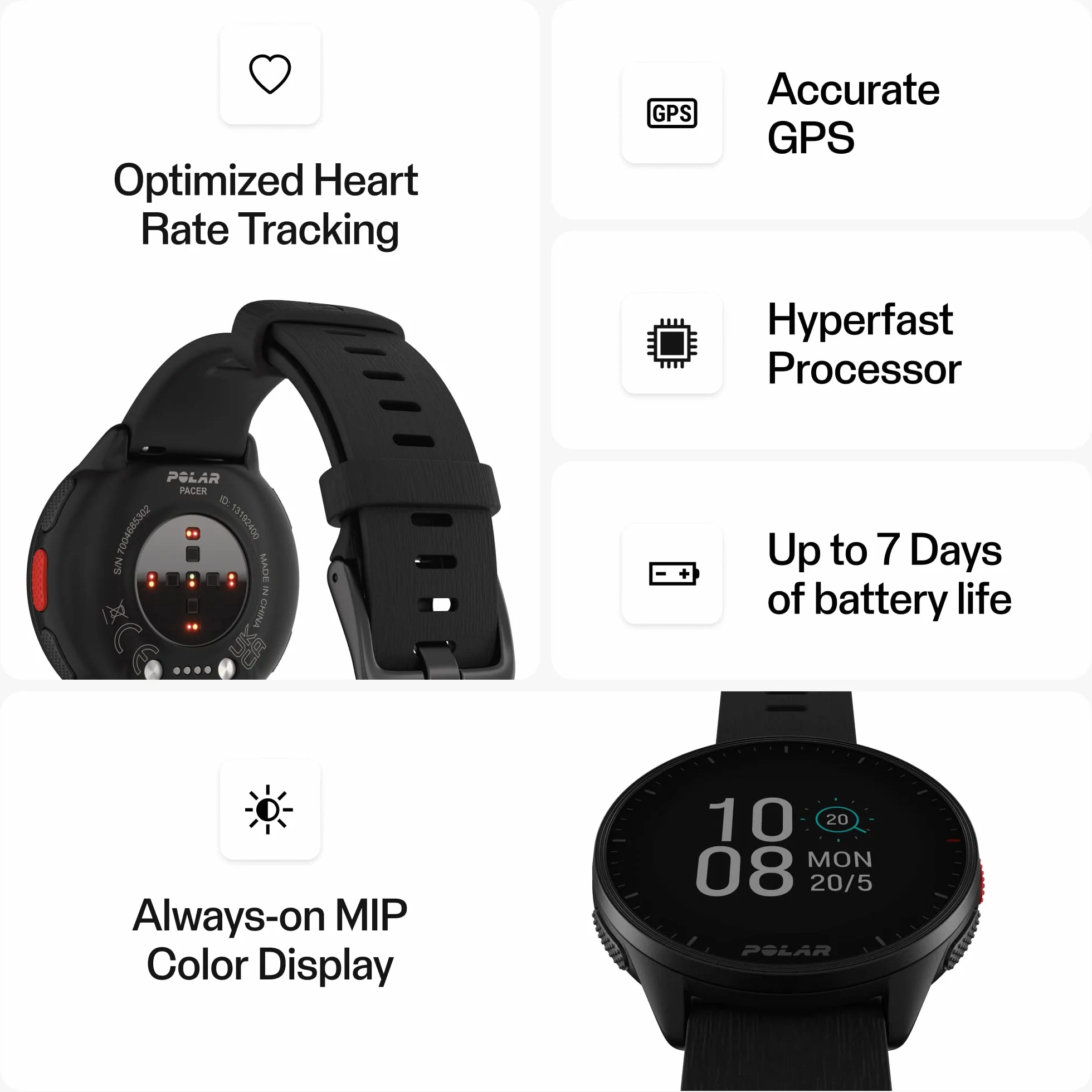 Polar Pacer - Zegarek z GPS do biegania - Szybki procesor - Ultralekki - Jasny wyświetlacz - Wyczuwalne przyciski - Program treningowy i regeneracji - Czujnik tętna - Sterowanie muzyką