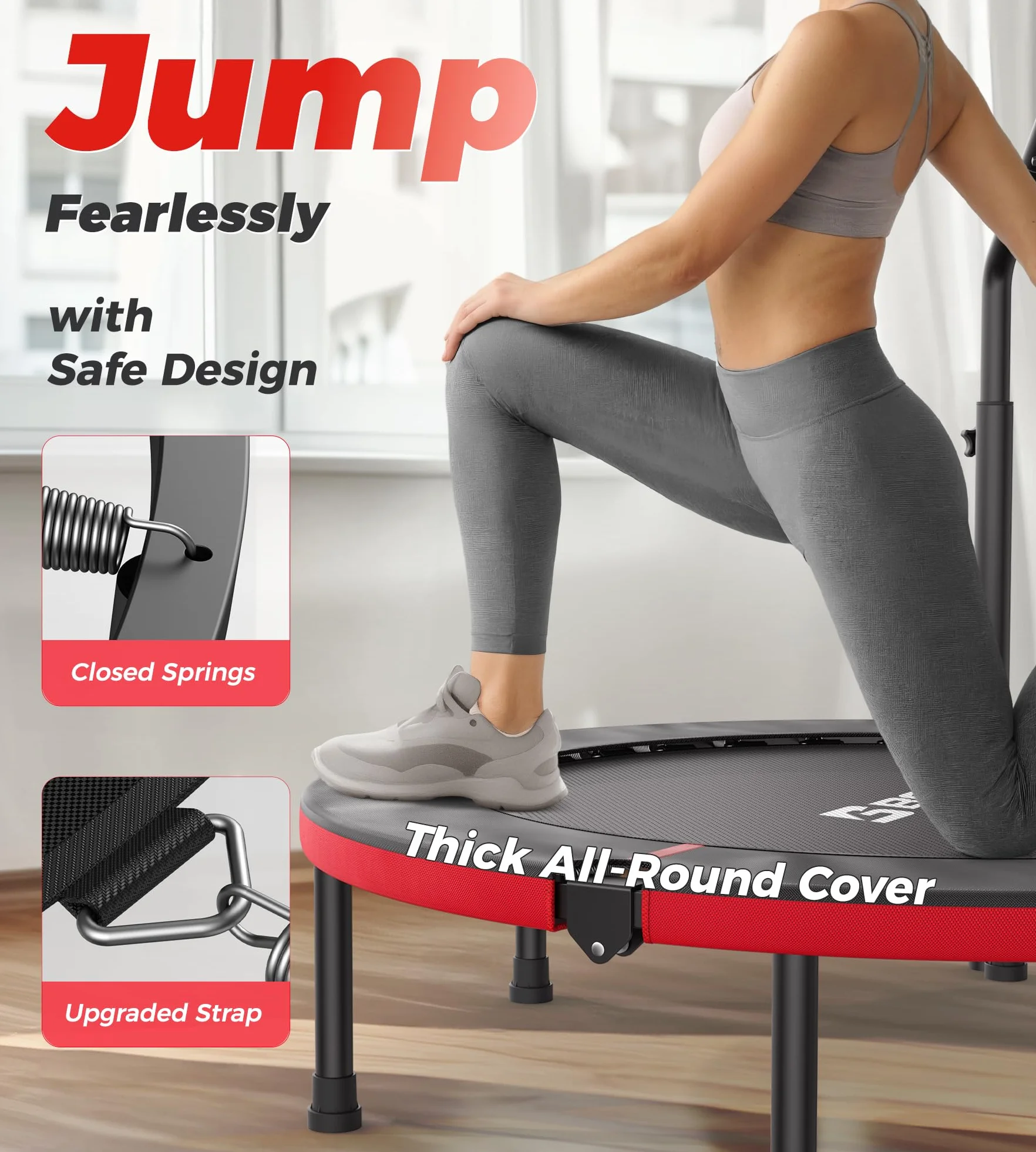 BCAN Trampolina do wnętrz, 102 cm Trampolina do skakania Fitness, składana, nośność 150 kg, wzmocniona sprężyna, regulowany uchwyt z wyściółką piankową, odpowiednia dla dorosłych i dzieci