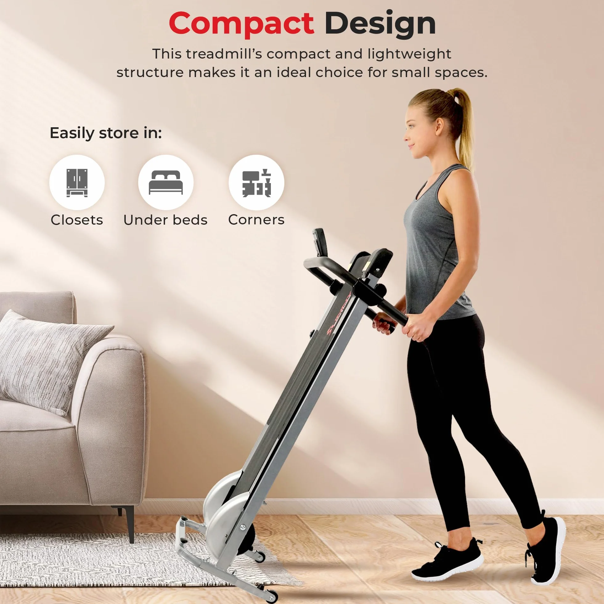 Sunny Health & Fitness SF-T1407M Foldable Treadmill Manual Compact Walking Running Machine Cardio Home Exercise