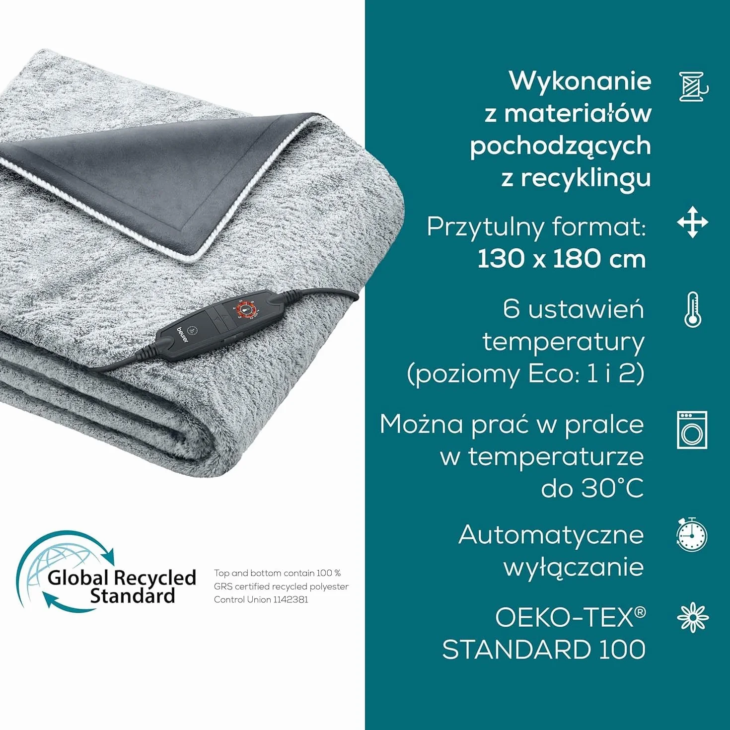 Beurer HD 75 Nordic Grey koc rozgrzewający, wykonany z materiału pochodzącego z recyklingu, 6 ustawień temperatury, można prać w pralce, z automatycznym wyłączaniem, 180 x 130 cm