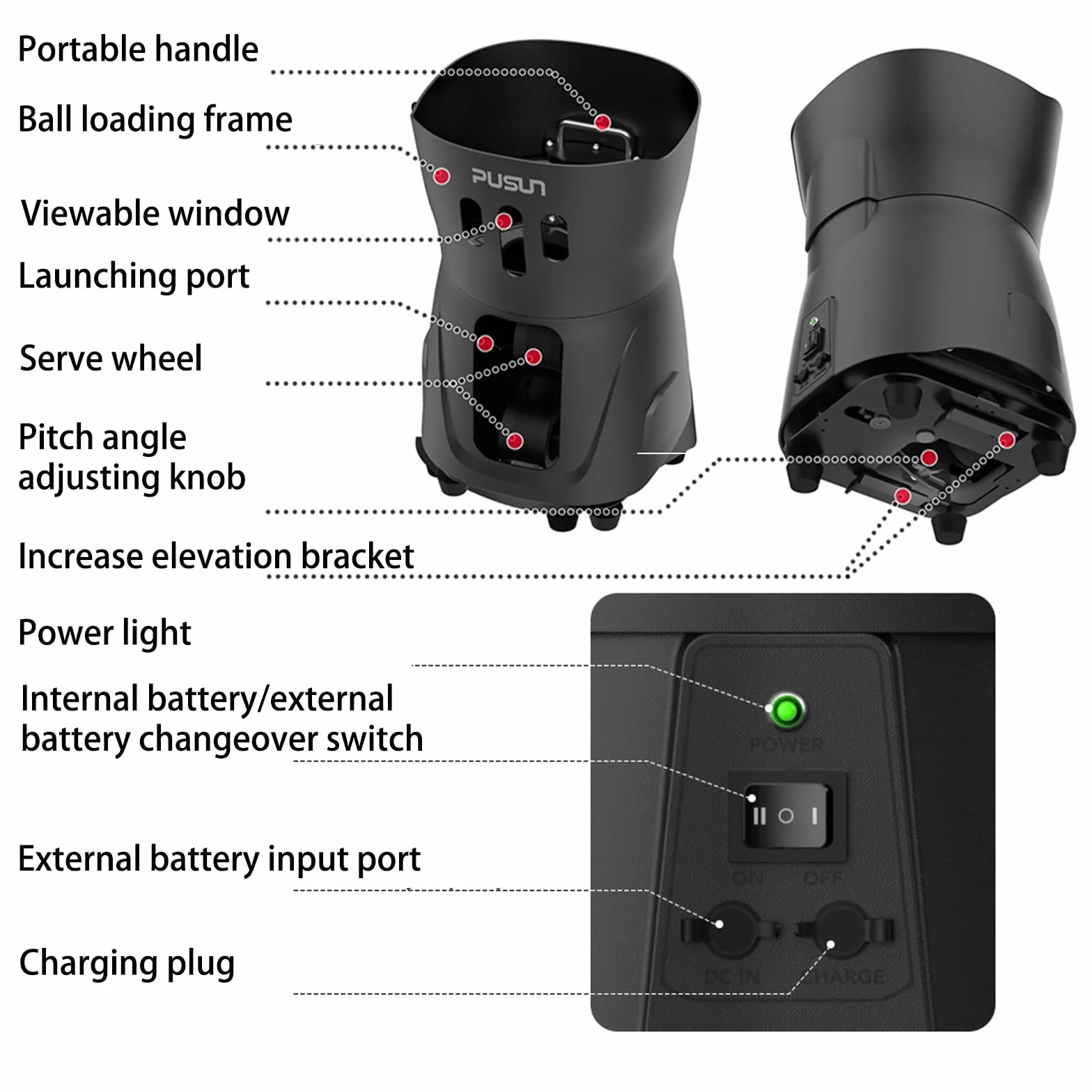 PT-Mini PRO sterowana aplikacją, przenośny automatyczny trener tenisowy dla początkujących, pojemność 65 piłek, żywotność baterii 3-5 h, sprzęt treningowy o zmiennej prędkości, do użytku wewnątrz i na