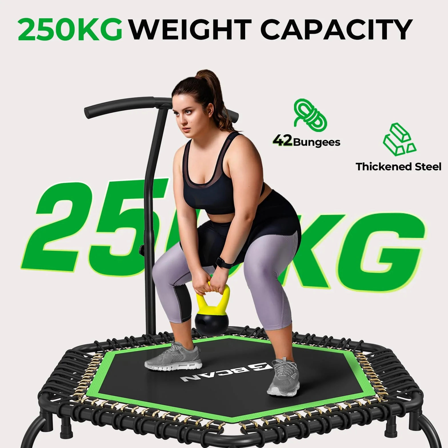 Trampolina wewnętrzna BCAN Fitness, średnica 102/122 cm, mini trampolina bungee/sprężynowa, odpowiednia dla osób dorosłych o wadze do 204/250 kg, z regulowanymi uchwytami, cicha i niskowibracyjna.