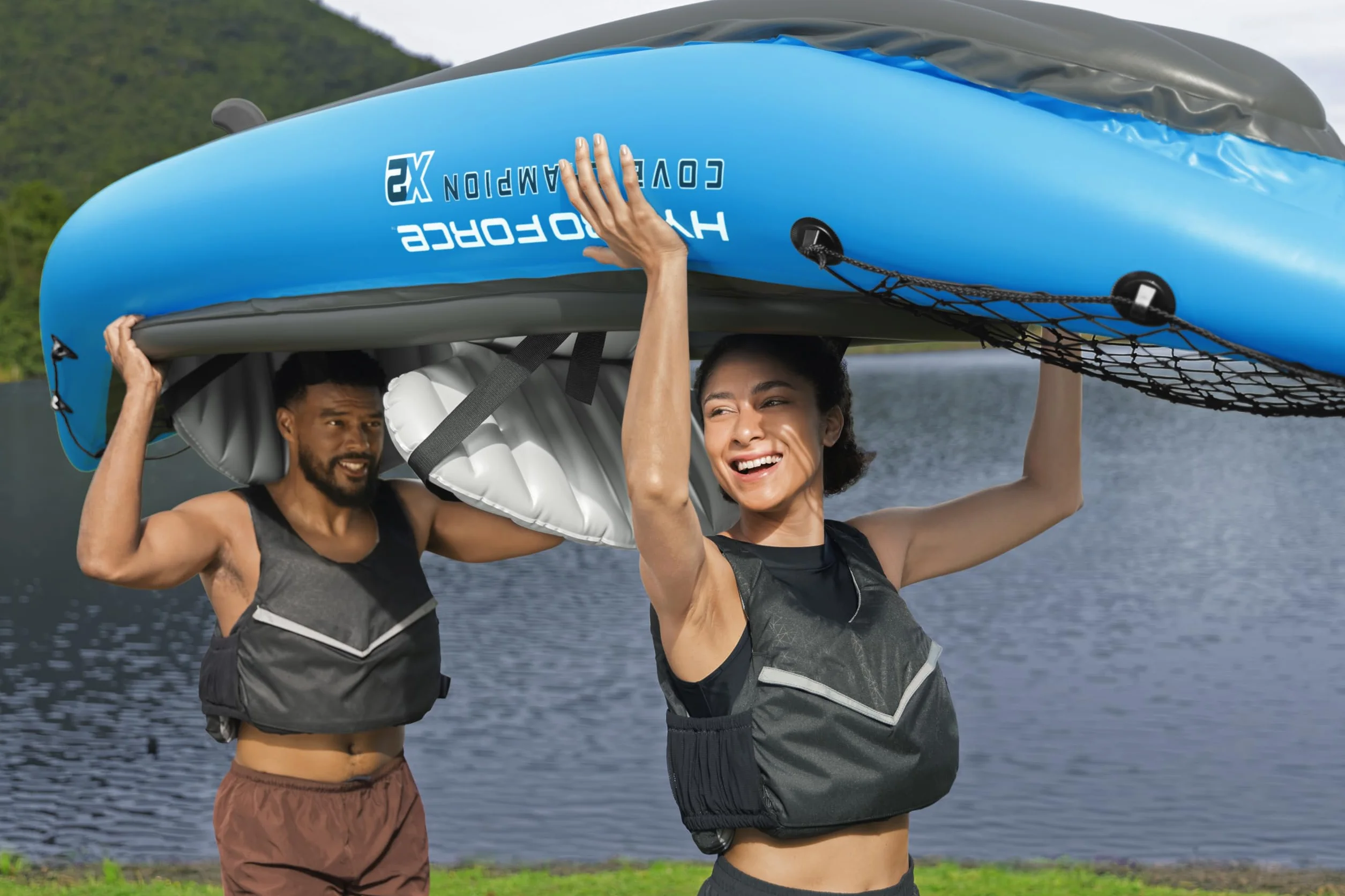 Bestway Hydro-Force Cove Champion X2 Kajak, zestaw nadmuchiwanych łodzi z pompką ręczną, wiosłami, siedzeniami, płetwami i torbą do przechowywania, dwuosobowy