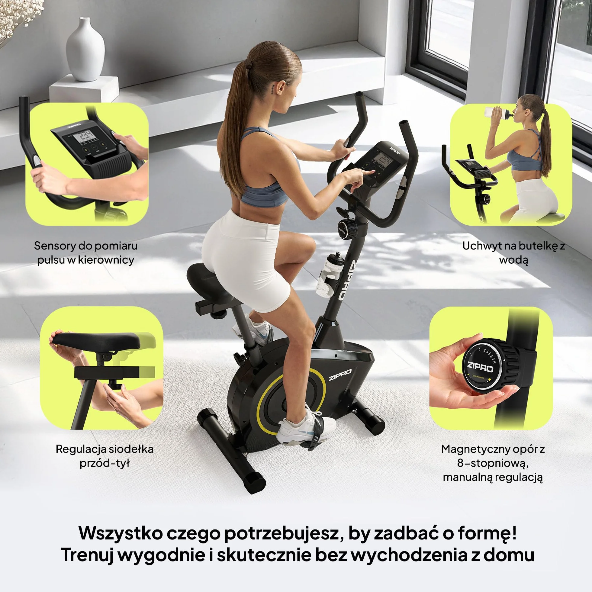 ZIPRO Rower Treningowy z 8 Stopniowym Oporem Magnetycznym, Pomiarem Pulsu, Wyświetlaczem LCD, Uchwytem na Telefon, Regulowanym Siodełkiem i Kierownicą, Rower Domowy do Treningu Cardio (Boost)