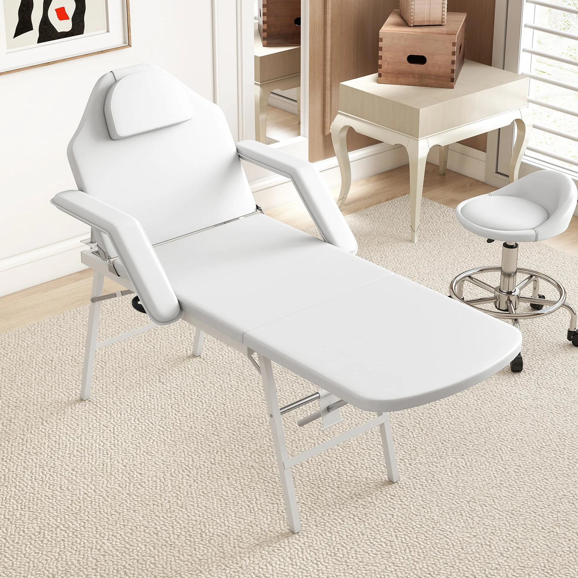 HOMCOM Portable Massage Table, 3 Section Adjustable Beauty Bed, Foldable Massage Bed with Headrest, Padded Armrests for Spa, Lash, Tattoo, White