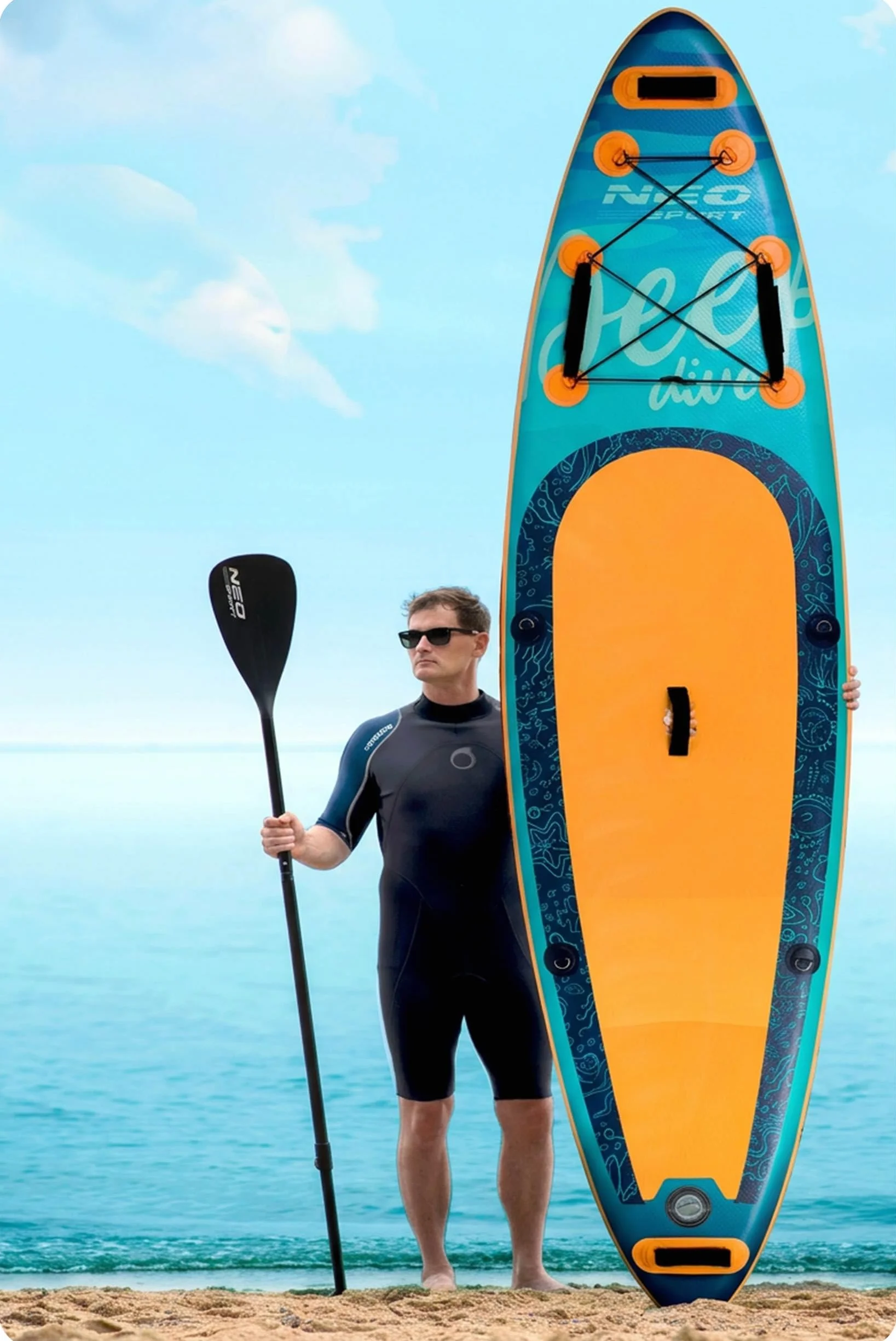 Neo-Sport Deska SUP - Stand Up Paddle Board Aquasurf 10.6 - Uniwersalna Deska Allround - Zestaw dla Początkujących do Rekreacji - 320x84x15 cm - do 140kg - Wiosło, Pompka, Smycz i Plecak - Brązowa