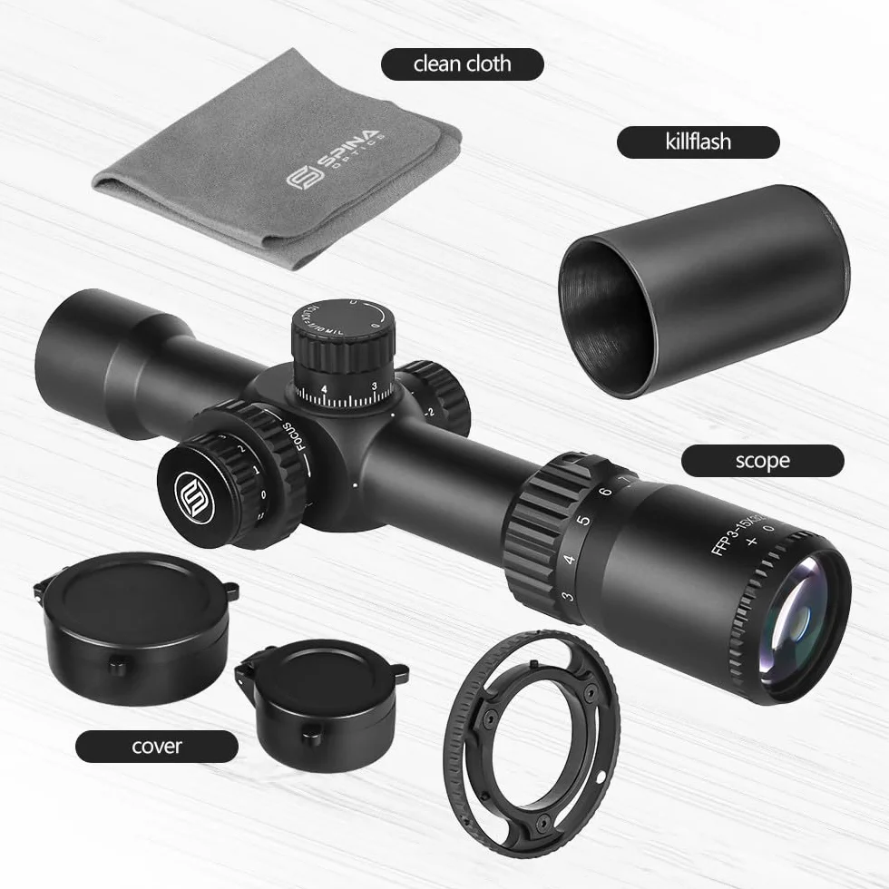 SPINA OPTICS Celownik optyczny 3-15x32 FFP dla karabinu myśliwskiego Pierwsze ogniskowe płaszczyzny taktyczne strzelby myśliwskie z RGB Mil-dot podświetlaną siatką