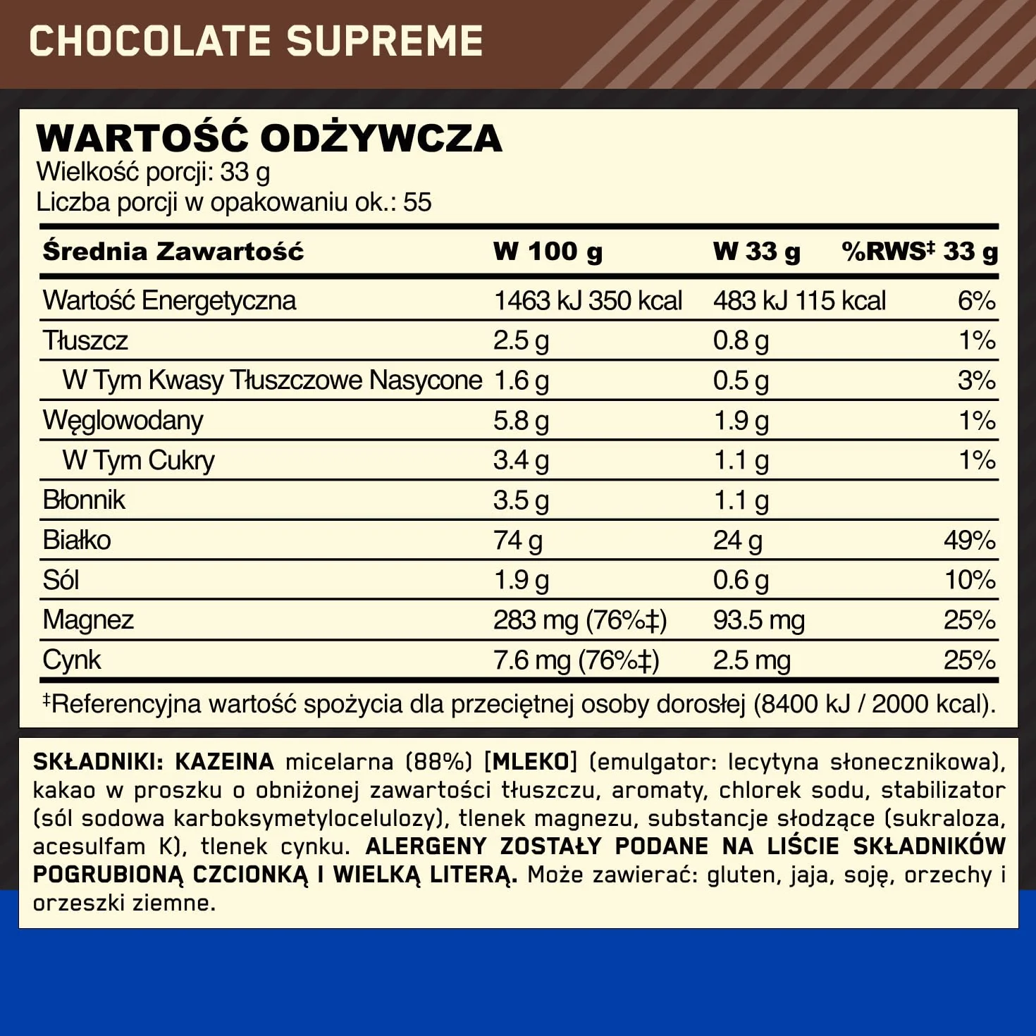 Optimum Nutrition Gold Standard 100% Casein Wolno przyswajalna odżywka na noc z cynkiem, magnezem i aminokwasami, wspomagająca wzrost i odbudowę mięśni, smak Chocolate Supreme, 55 porcji, 1,82 kg