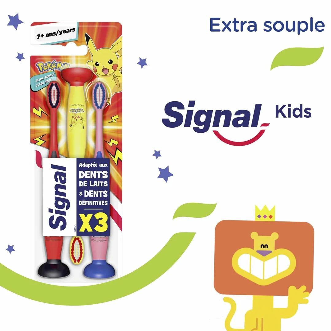 SIGNAL - Szczoteczka do zębów dla dzieci 7+ lat - Zaokrąglone końcówki i przyssawka dla zabawnej szczoteczki do zębów - Extra Soft (zestaw 3 szczoteczek do zębów)