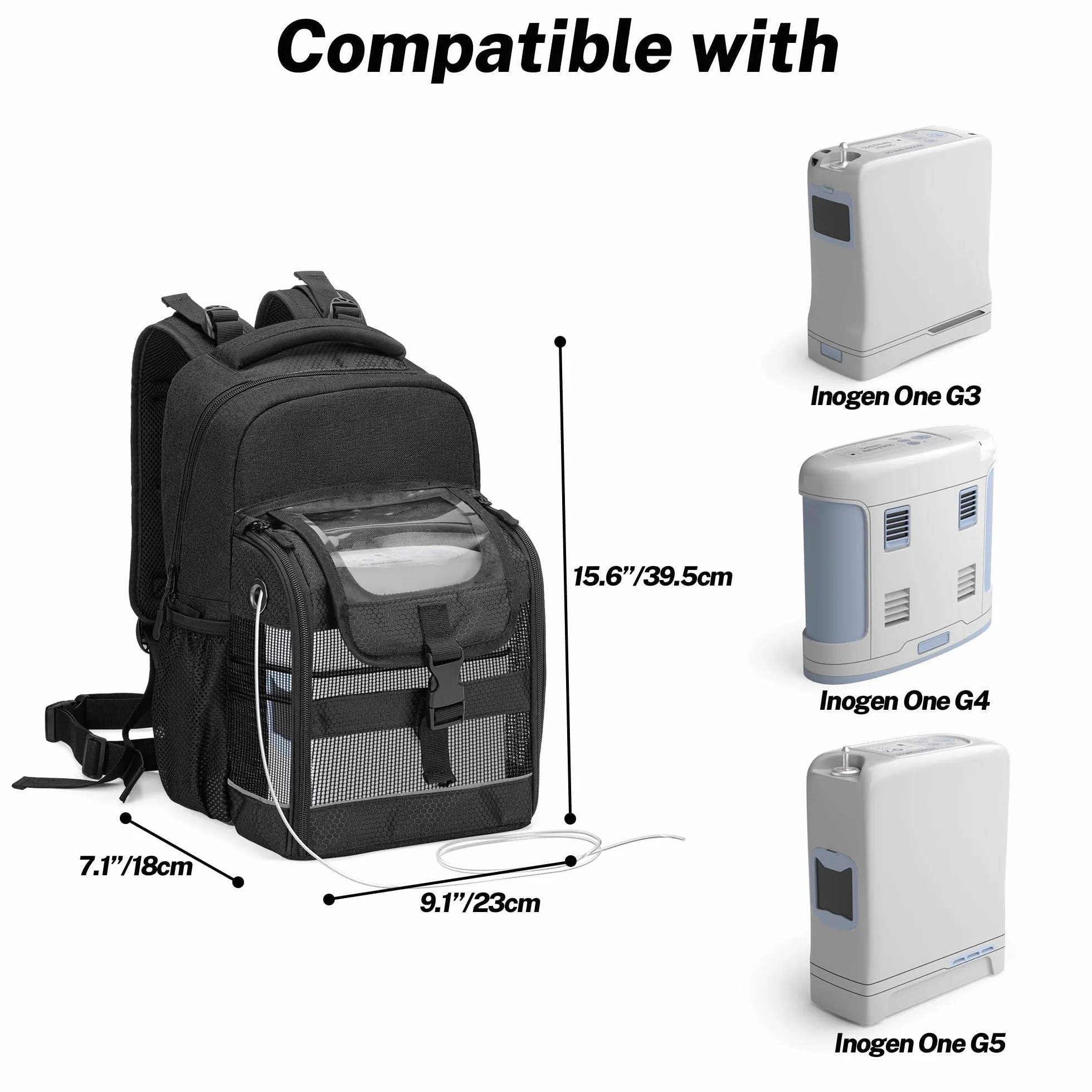 Trunab Plecak z przenośnym koncentratorem tlenu, torba transportowa POC z przezroczystą osłoną, wiele kieszeni kompatybilnych z Inogen One, Caire Freestyle Comfort, Oxygo, jak również SimplyGo Mini, opatentowana konstrukcja, Czarny