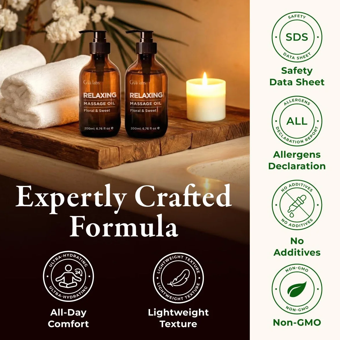 Gya Labs Relaksujący zmysłowy olejek do masażu dla par - Ylang Ylang, Rose Geranium i Organic Argan Infuzed Body Oil for Skin - 100 czystych i naturalnych olejków do masażu - (200ml)