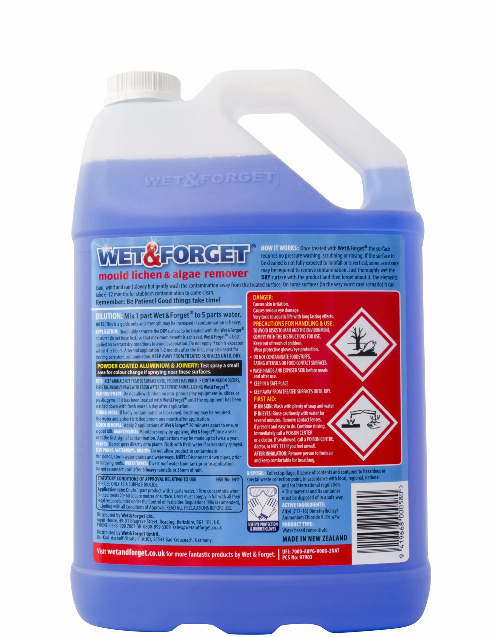 Wet & Forget Środek do usuwania pleśni, porostów i glonów, środek do czyszczenia tarasów na zewnątrz, środek do usuwania czarnych plam, bez wybielania, 5L