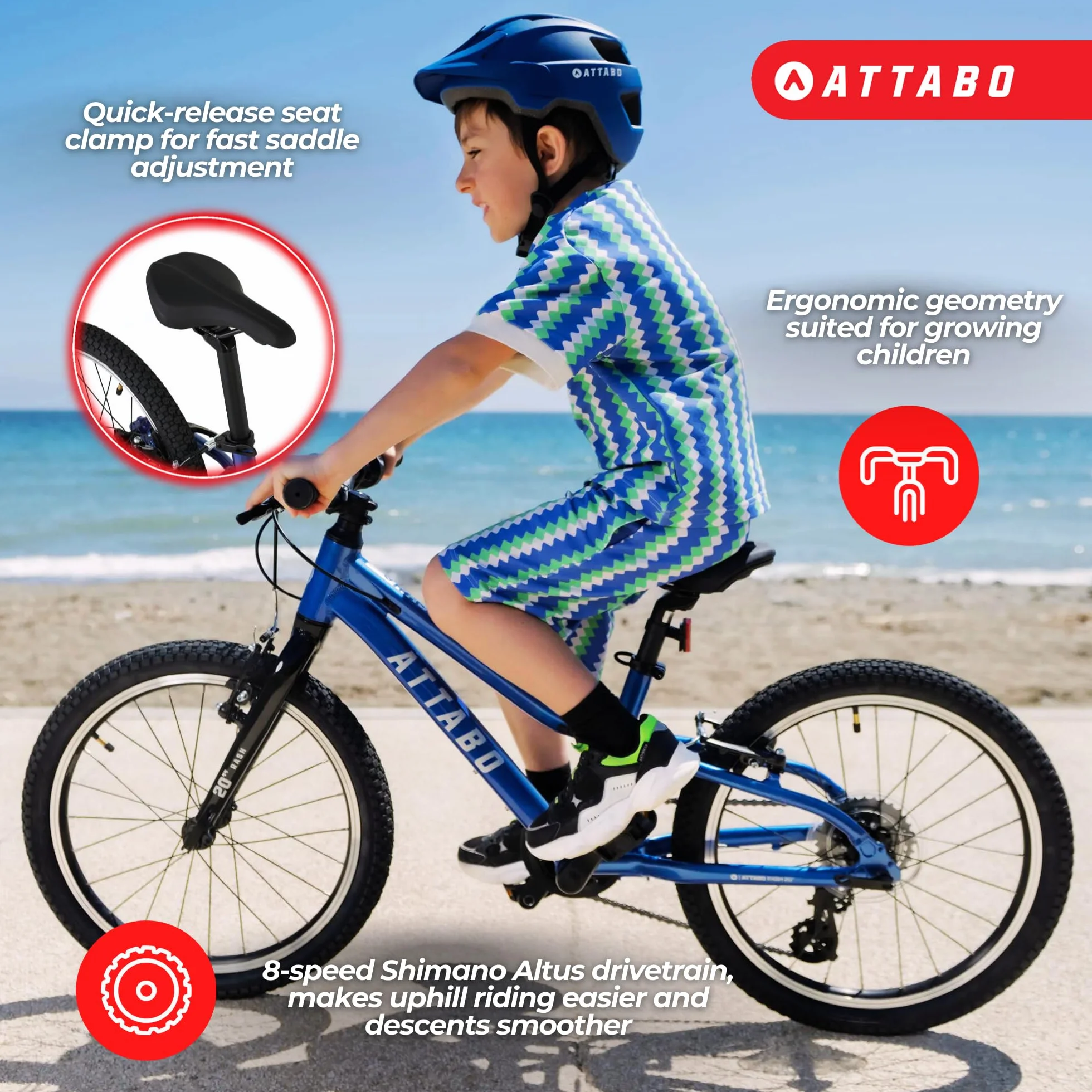ATTABO Rash 20 rower dziecięcy (5–9 lat), lekka aluminiowa rama, koła 20", 8-biegowa przerzutka Shimano od 110 do 135 cm, ergonomiczny, stabilny i wszechstronny