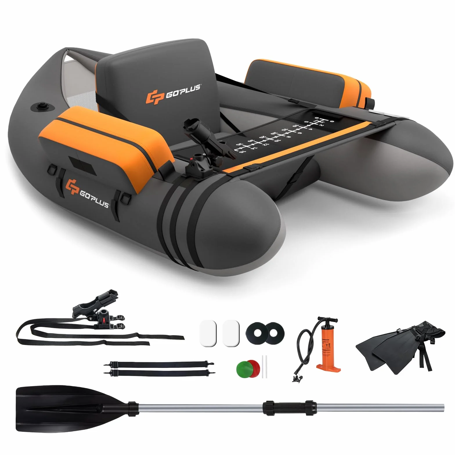 GOPLUS Bellyboot, Belly Boat do 150 kg, nadmuchiwany ponton do wędkowania, z aluminiowym wiosłem, pompką, płetwami, linijką do ryb, uchwytem na wędkę i 2 szelkami, 135 x 109 x 54 cm (ciemnoszary)
