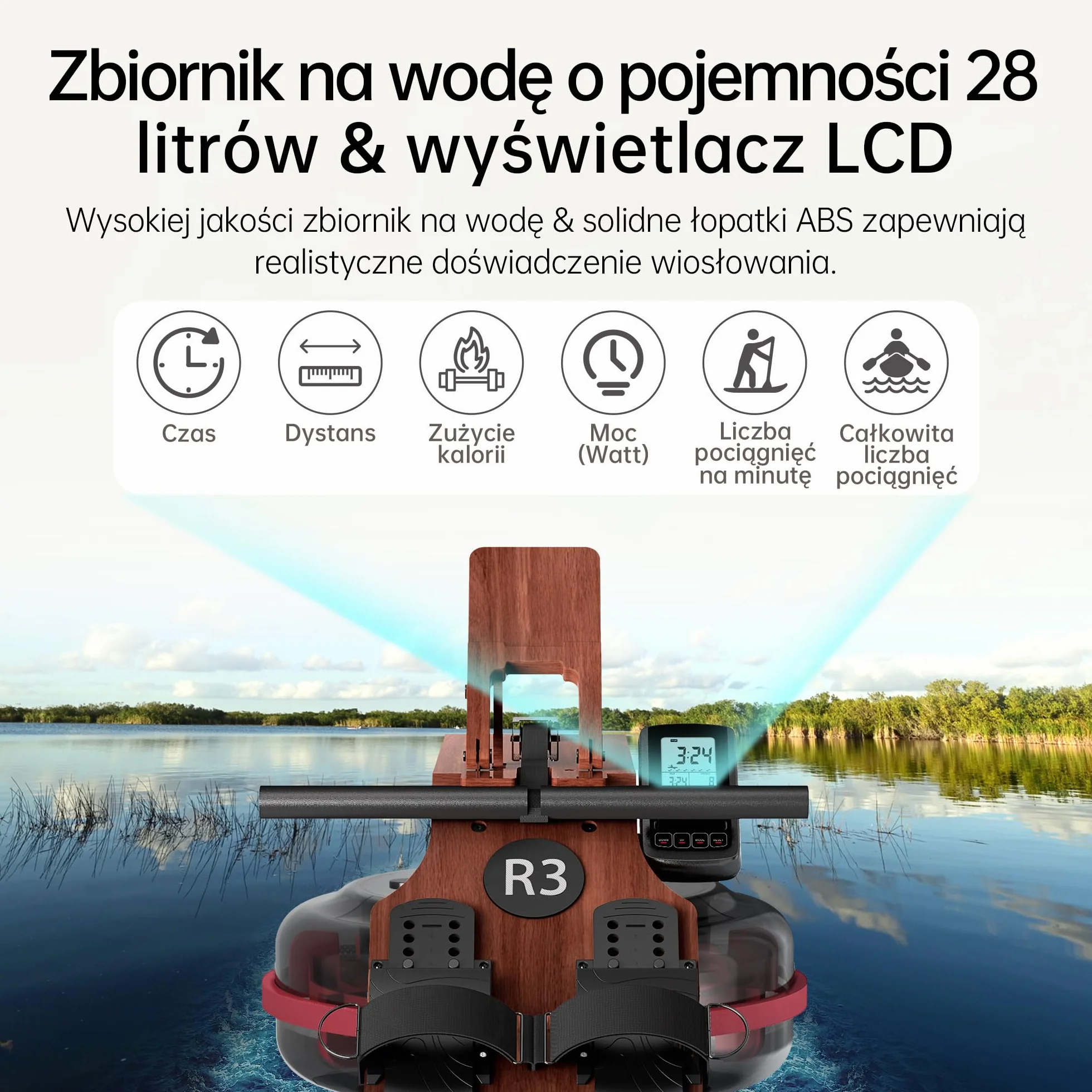 R3 składana maszyna wiosłarska z drewna dębowego, wyświetlacz LCD Bluetooth, kompatybilna z Kinomap, zbiornik 28L, 150 kg