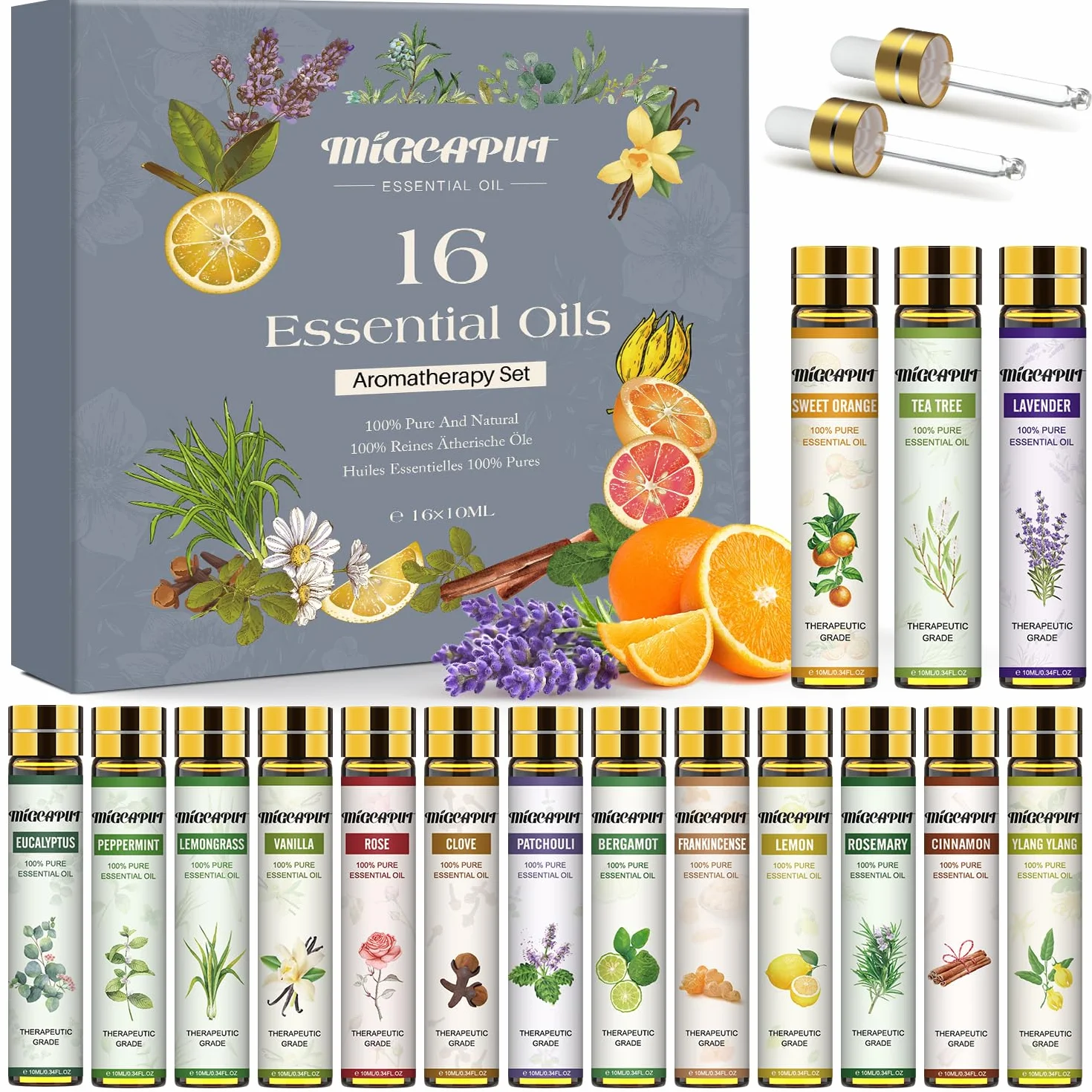 MIGCAPUT Zestaw Olejków Eterycznych 16 x 10ML, 100% Naturalne Olejki Zapachowe do Dyfuzory, Aromaterapii, Masaż, SPA, Kąpieli - Lawenda, Mięta, Drzewo Herbaciane, Eukaliptus, Kadzidłowca, Cynamon