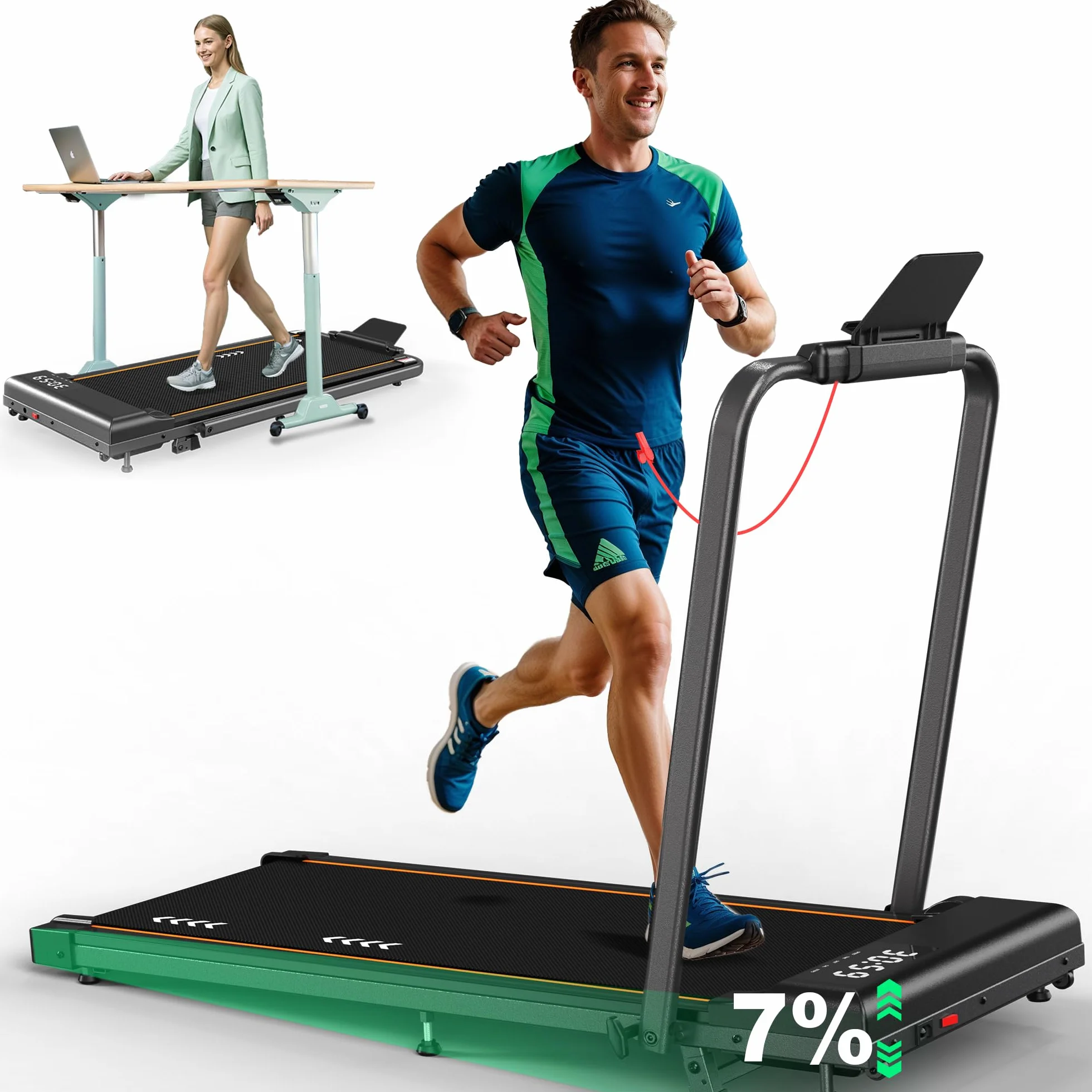 Walking Pad bieżnia do domu, bieżnia o nachyleniu 7%, silnik 2,25 HP, prędkość 1-6 km/h lub 12 km/h, 7-warstwowa powierzchnia bieżna, bez montażu