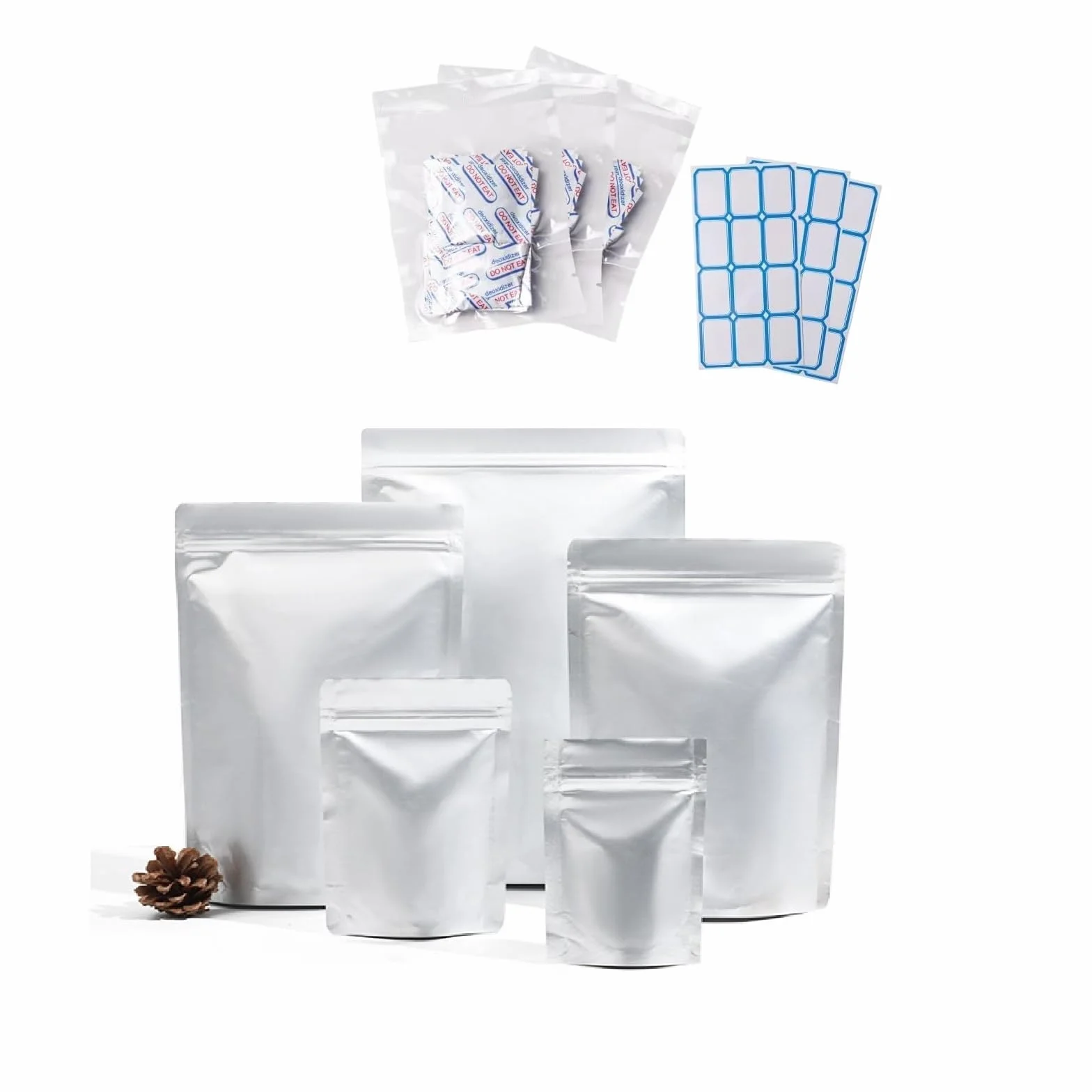 Mylar Bags do przechowywania żywności z pochłaniaczami tlenu i pustą etykietą, woreczki z zamkiem błyskawicznym i zgrzewane na gorąco (25PC25x35cm)