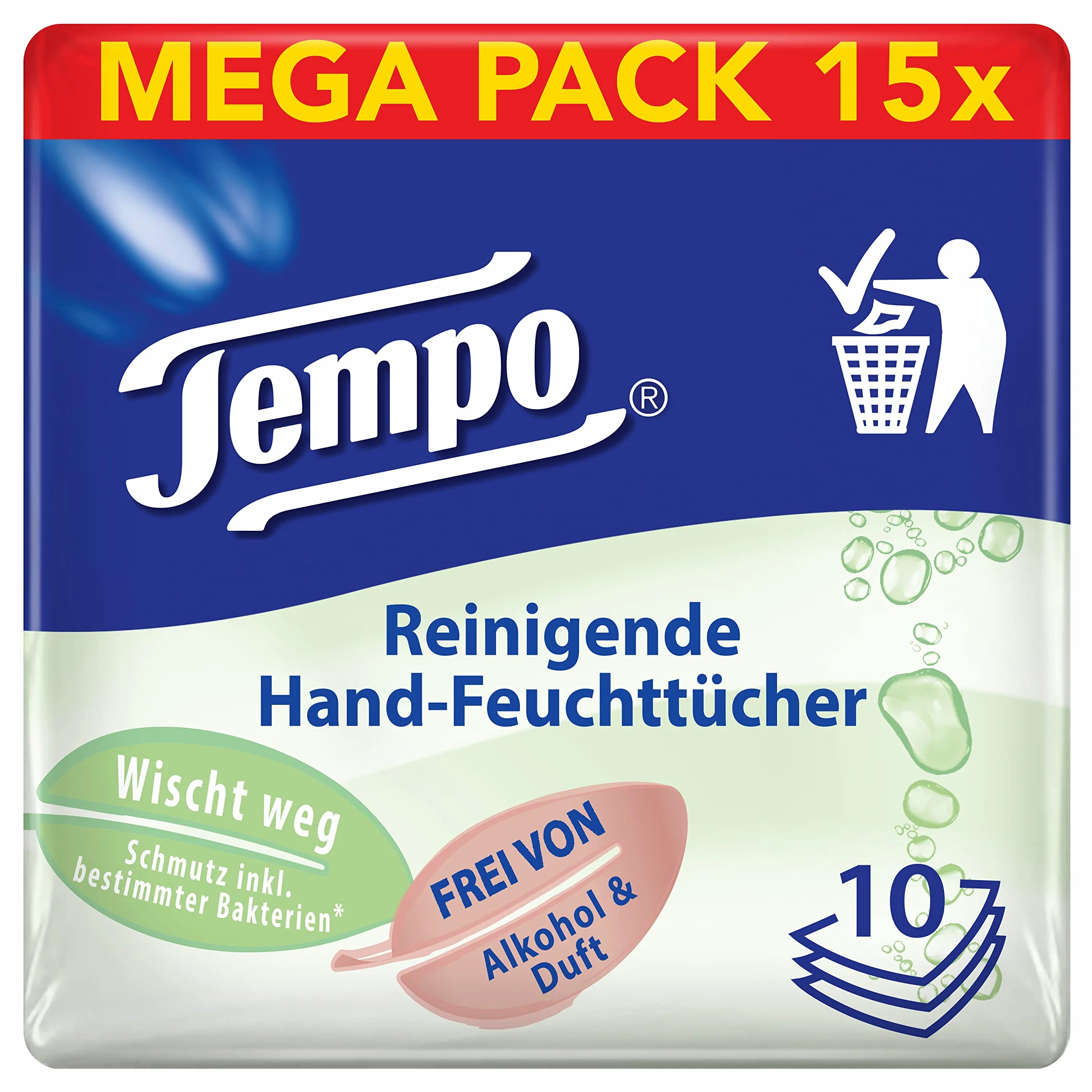 Tempo Mokre chusteczki czyszczące, nie zawierają perfum i alkoholu, testowane dermatologicznie, 150 chusteczek (10 chusteczek x 15 opakowań)