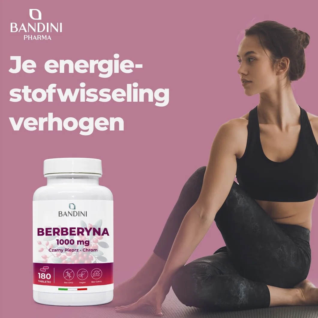 Bandini® Berberine 1000mg czysta wysoka dawka | 180 wegańskich tabletek - Berberyna HCl z Berberis Aristata 97% + Chrom i Czarny Pieprz | Maksymalne wchłanianie - Funkcje trawienne, wątrobowe, jelitow