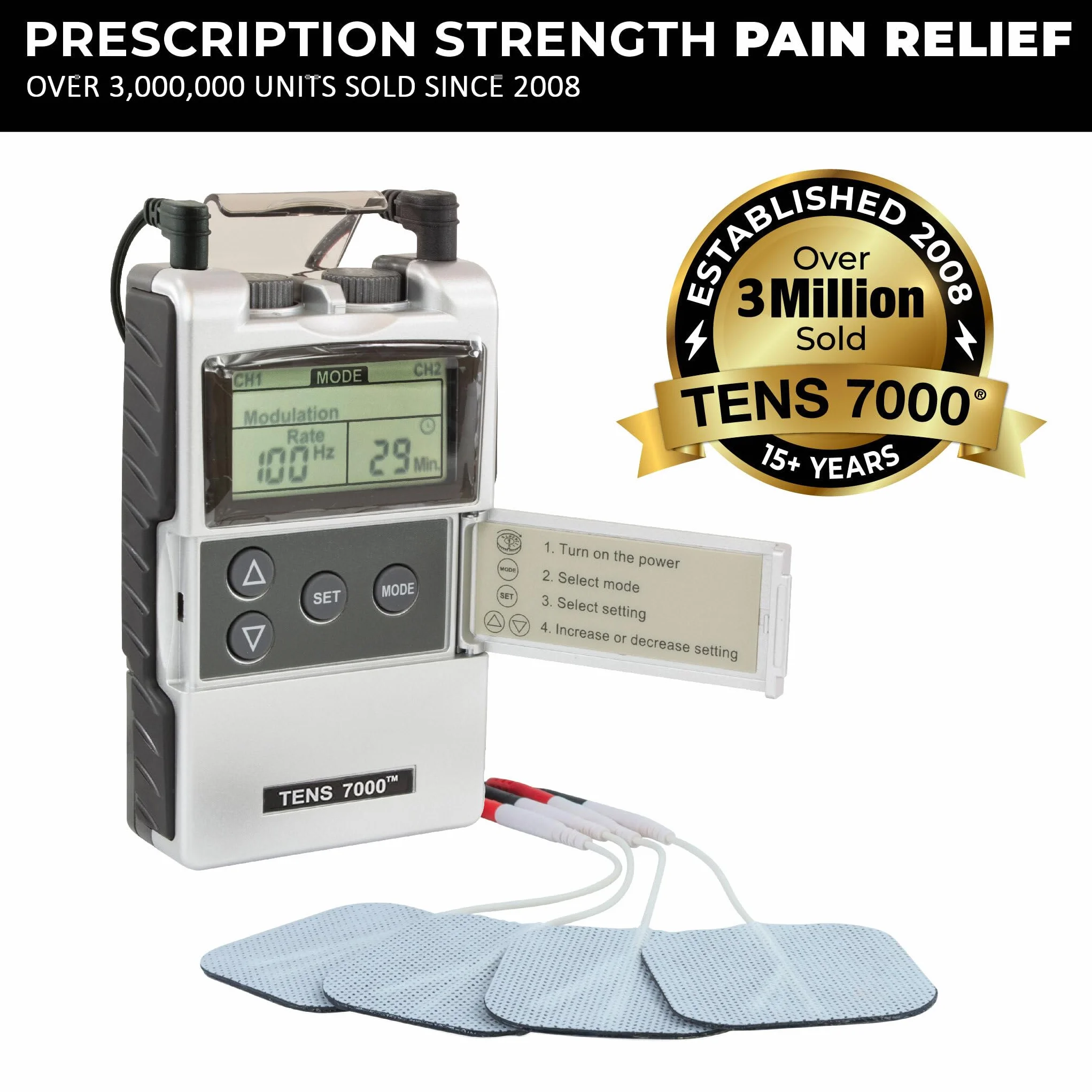 Tens 7000 2nd Edition - Estimulador muscular, unidad digital de electroestimulación transcutánea con accesorios