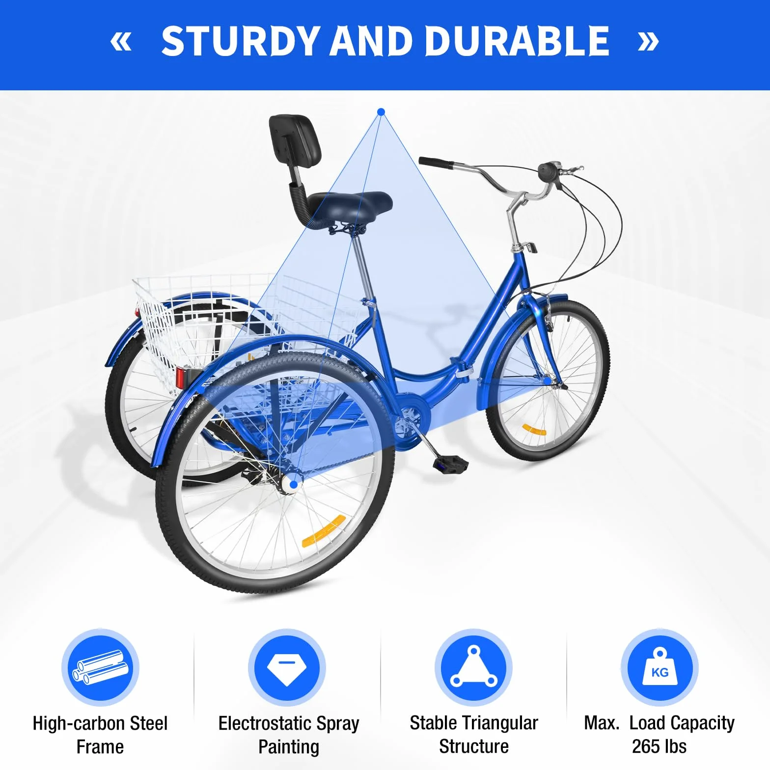 Rower trójkołowy 24" dla dorosłych, 7 biegów, rower dla dorosłych, dla seniorów, biały kosz, dla kobiet, mężczyzn, na zakupy, do uprawiania sportu, na czas wolny, niebieski/czerwony