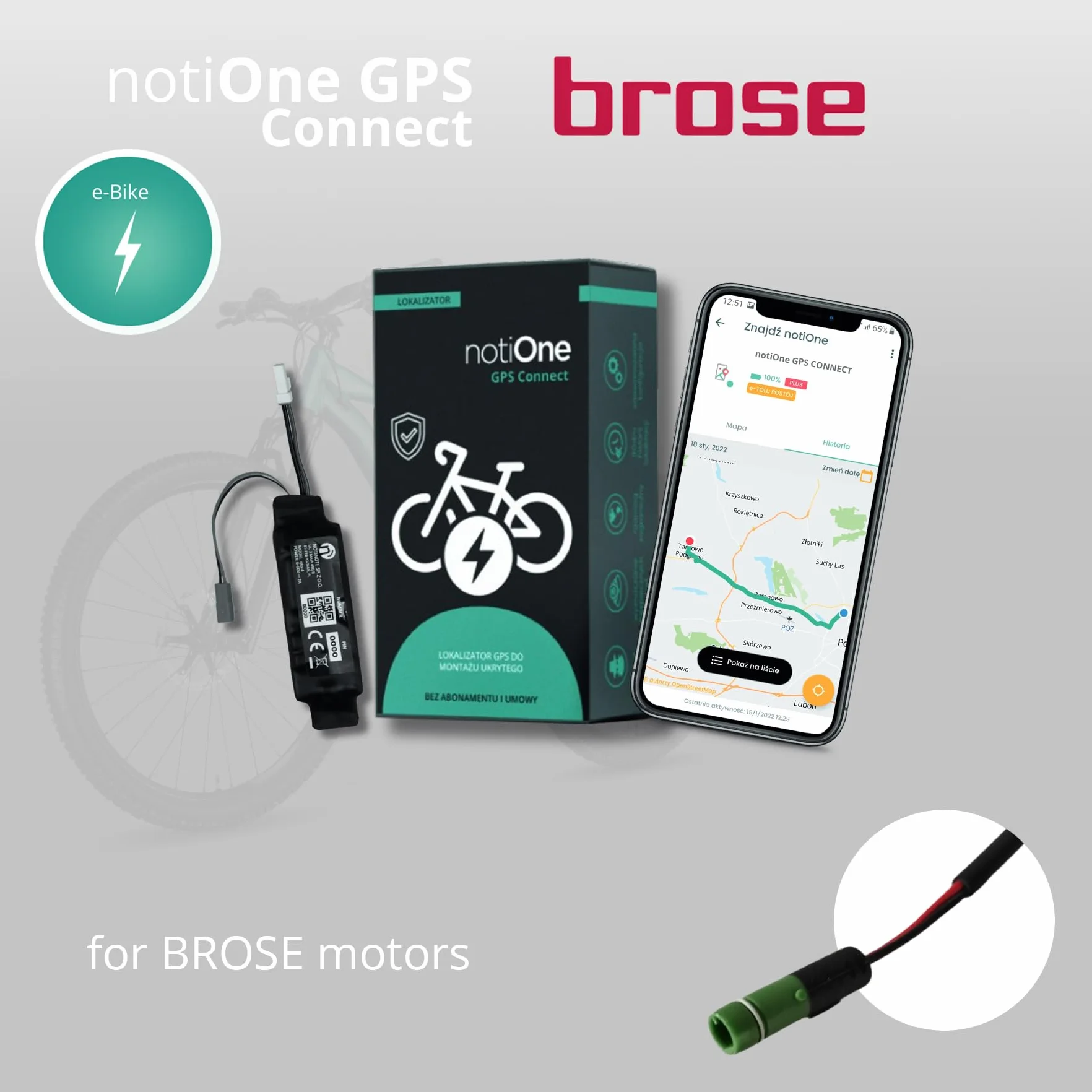 Tracker GPS NTO-CBR do rowerów elektrycznych, kompatybilny z silnikiem elektrycznym BROSE | alarm antykradzieżowy, bez abonimentu | monitorowanie i historija lokalizacji, roaming