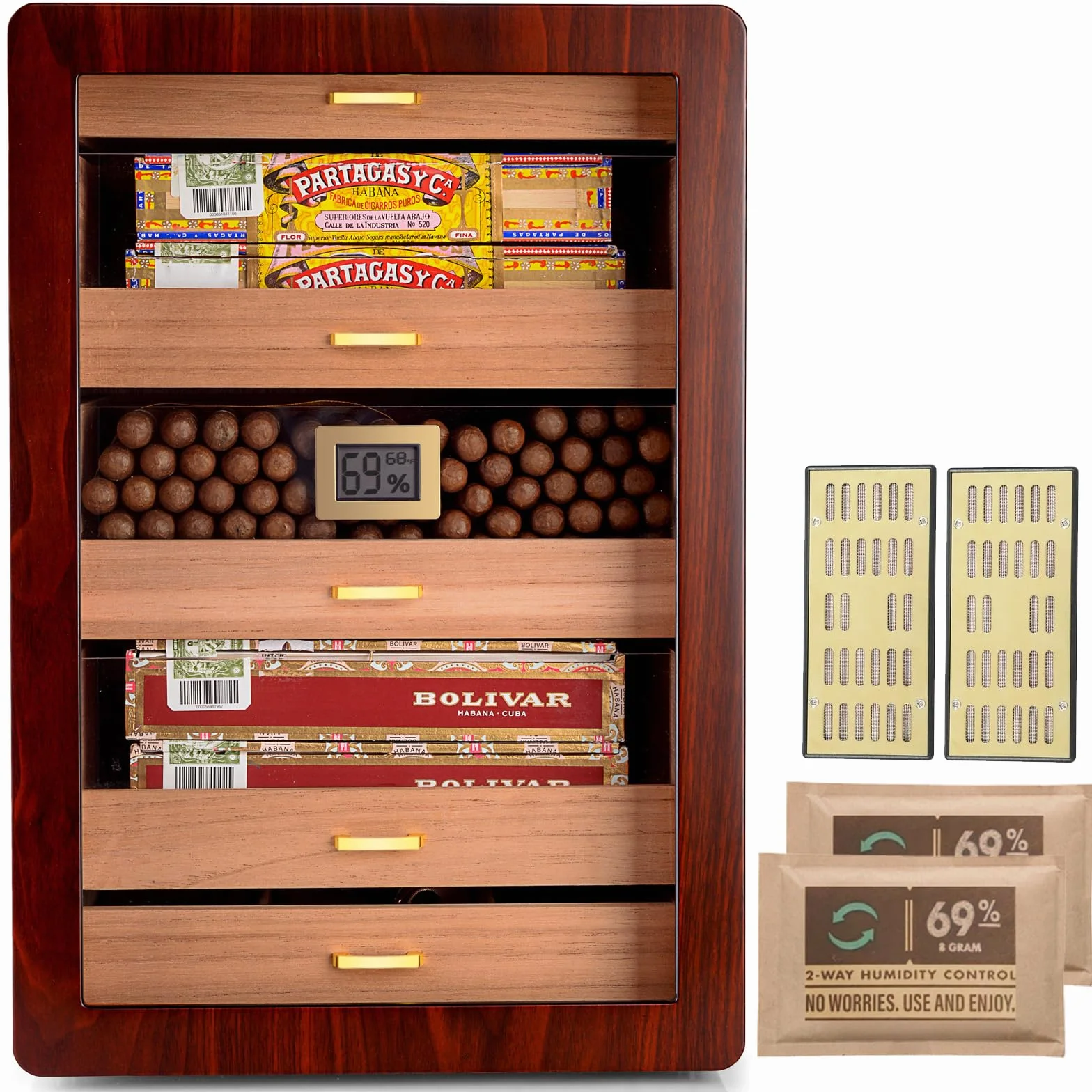 Humidor na cygara Marvero ręcznie robiona skrzynka na cygara, humidor na cygara, skrzynka z cedrowego drewna na 300 cygar z dokładnym higrometrem, nawilżacz do humidoru. Prezenty dla miłośników cygar.