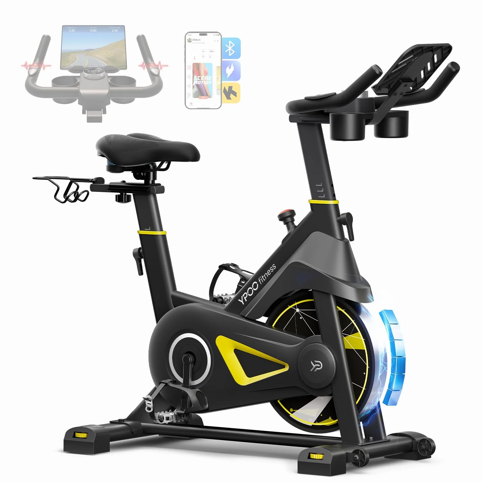 YPOO Rower Treningowy do Domu, Cichy Rower Spinningowy z Wyświetlaczem LED i Aplikacją, Magnetyczny Rower Stacjonarny do Cardio, Regulowany, Udźwig 160 kg