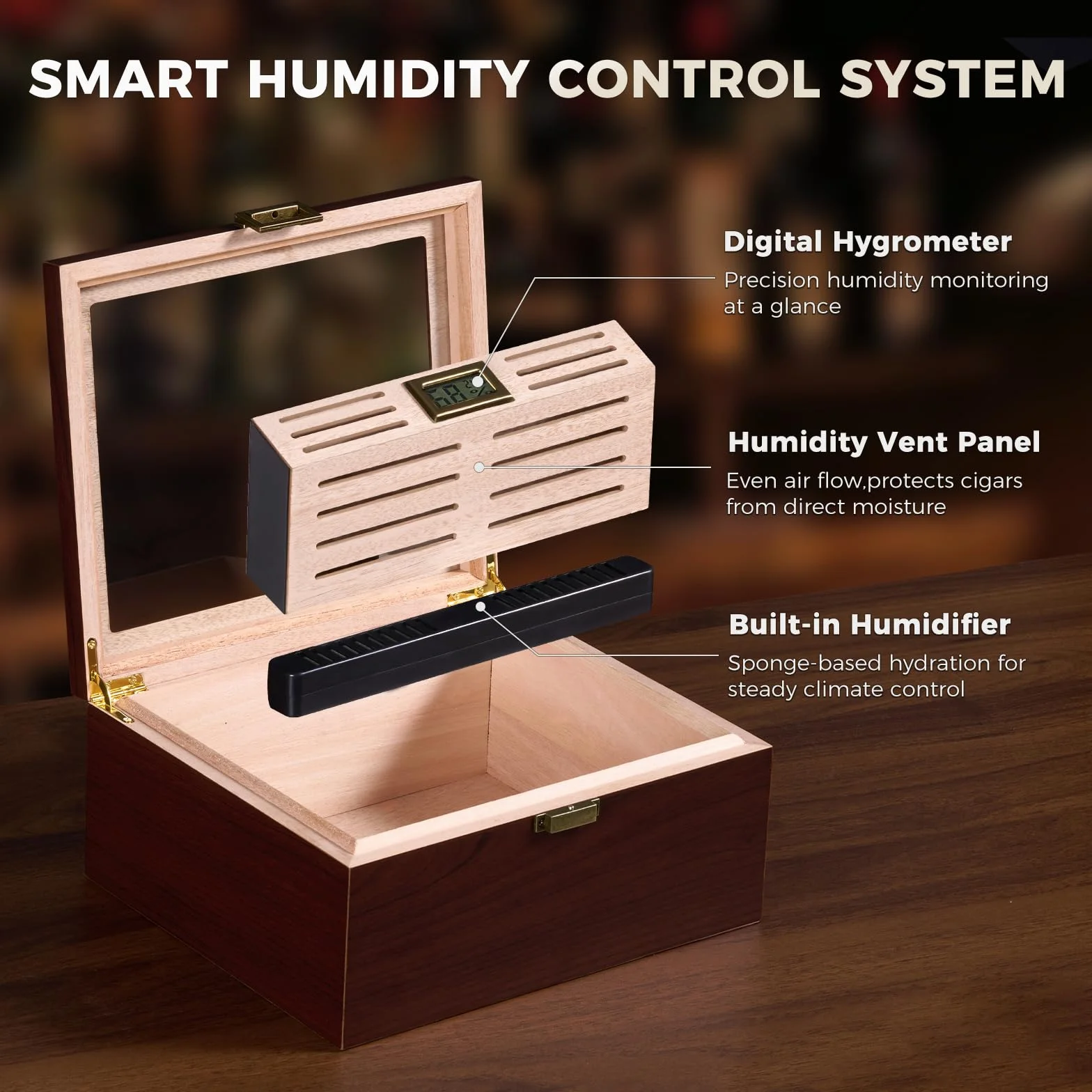 ProCase Humidor do cygar z drewna, z nawilżaczem powietrza, podszewką z drewna cedrowego, szklanym blatem, cyfrowym higrometrem, duży, brązowy